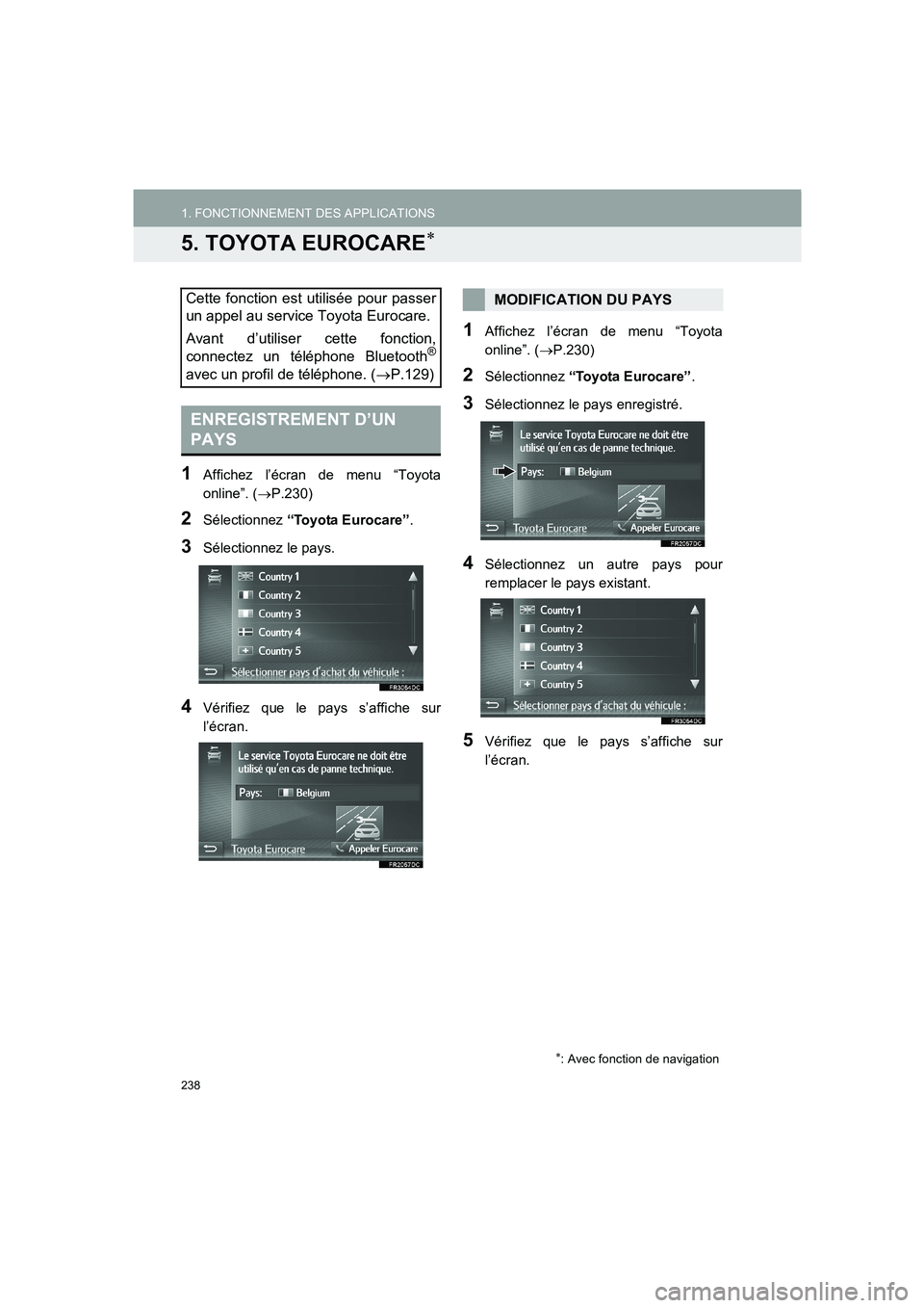 TOYOTA AURIS 2014  Notices Demploi (in French) 238
1. FONCTIONNEMENT DES APPLICATIONS
COROLLA_14CY_Navi_EK
5. TOYOTA EUROCARE∗
1Affichez l’écran de menu “Toyota
online”. (→P.230)
2Sélectionnez “Toyota Eurocare”.
3Sélectionnez le p