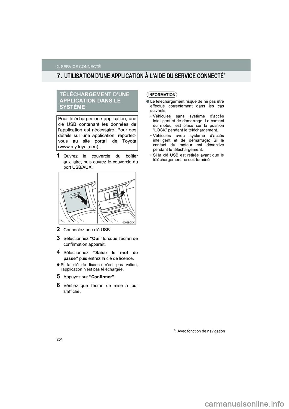 TOYOTA AURIS 2014  Notices Demploi (in French) 254
2. SERVICE CONNECTÉ
COROLLA_14CY_Navi_EK
7. UTILISATION D’UNE APPLICATION À L’AIDE DU SERVICE CONNECTÉ∗
1Ouvrez le couvercle du boîtier
auxiliaire, puis ouvrez le couvercle du
port USB/A