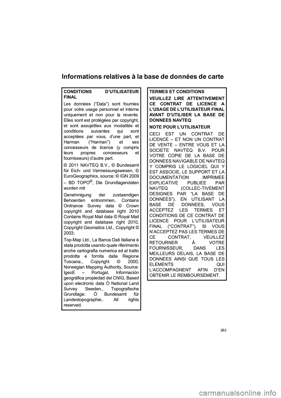 TOYOTA AURIS 2014 Notices Demploi (in French) 263
COROLLA_14CY_Navi_EK
Informations relatives à la base de données de carte
CONDITIONS D’UTILISATEUR
FINAL
Les données (“Data”) sont fournies
pour votre usage personnel et interne
uniquemen TOYOTA AURIS 2014 Notices Demploi (in French) 263
COROLLA_14CY_Navi_EK
Informations relatives à la base de données de carte
CONDITIONS D’UTILISATEUR
FINAL
Les données (“Data”) sont fournies
pour votre usage personnel et interne
uniquemen