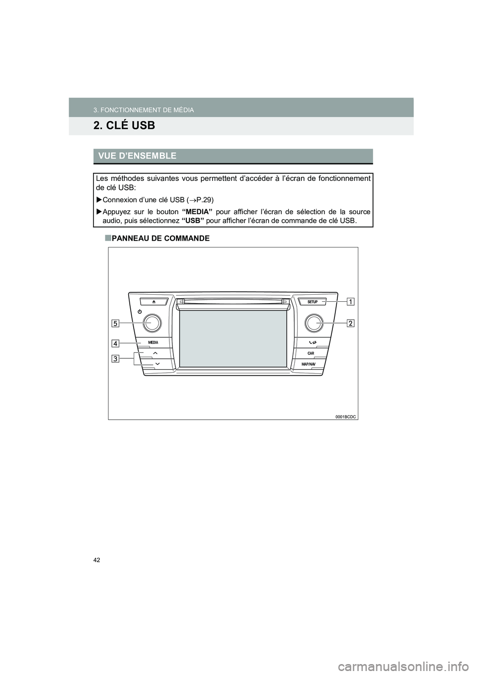 TOYOTA AURIS 2014  Notices Demploi (in French) 42
COROLLA_14CY_Navi_EK
3. FONCTIONNEMENT DE MÉDIA
2. CLÉ USB
■PANNEAU DE COMMANDE
VUE D’ENSEMBLE
Les méthodes suivantes vous permettent d’accéder à l’écran de fonctionnement
de clé USB