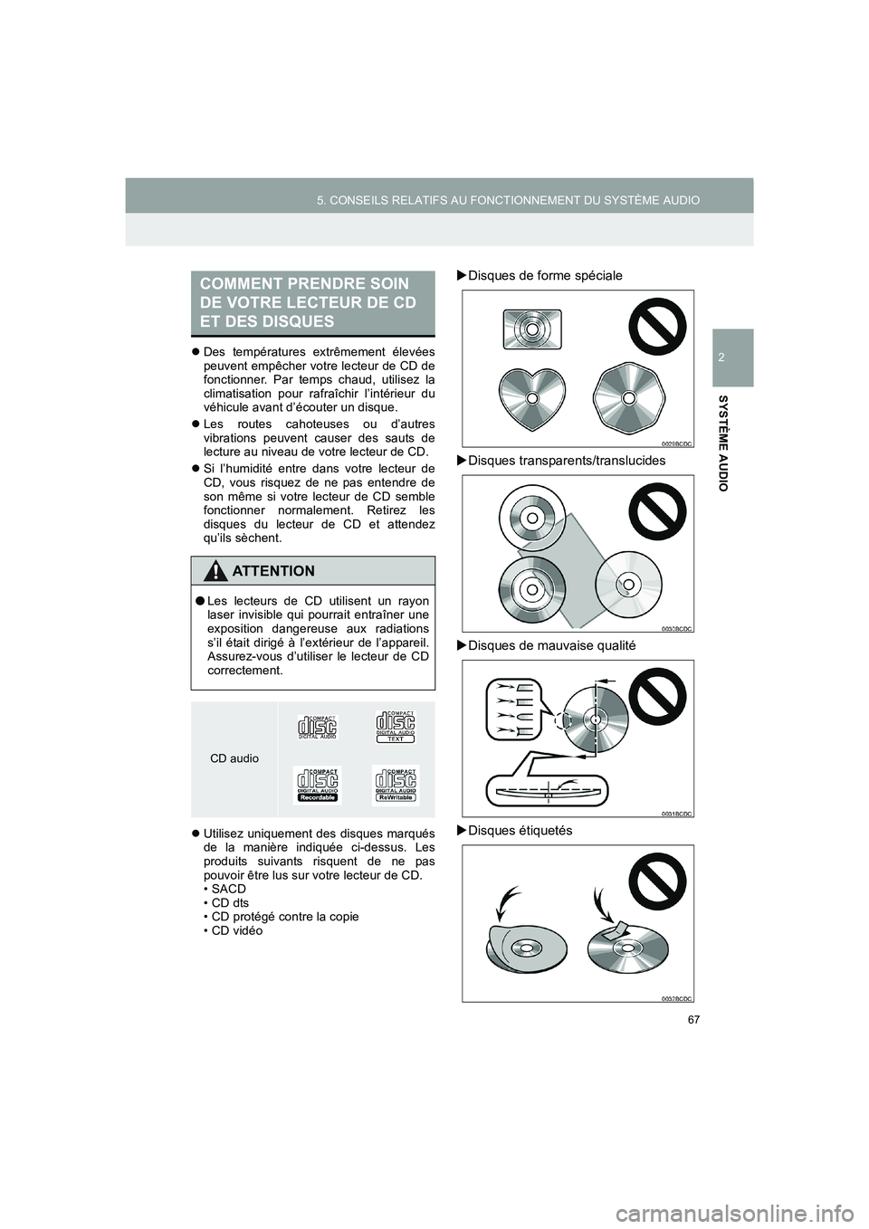 TOYOTA AURIS 2014  Notices Demploi (in French) 67
5. CONSEILS RELATIFS AU FONCTIONNEMENT DU SYSTÈME AUDIO
COROLLA_14CY_Navi_EK
2
SYSTÈME AUDIO
�zDes températures extrêmement élevées
peuvent empêcher votre lecteur de CD de
fonctionner. Par t