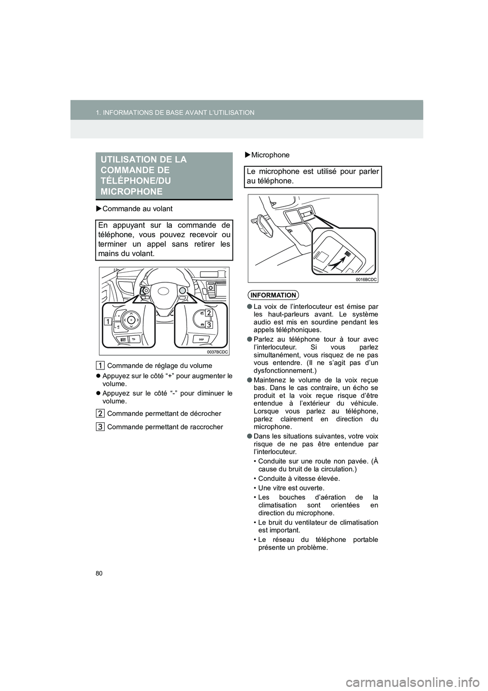 TOYOTA AURIS 2014  Notices Demploi (in French) 80
1. INFORMATIONS DE BASE AVANT L’UTILISATION
COROLLA_14CY_Navi_EK
�XCommande au volant
Commande de réglage du volume 
�zAppuyez sur le côté “+” pour augmenter le
volume.
�zAppuyez sur le c
