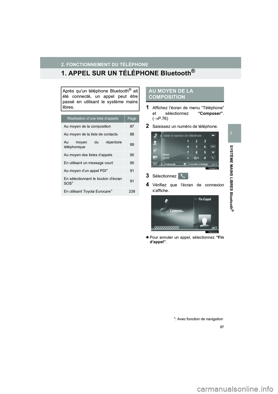 TOYOTA AURIS 2014  Notices Demploi (in French) 87
COROLLA_14CY_Navi_EK
3
SYSTÈME MAINS LIBRES Bluetooth
®
2. FONCTIONNEMENT DU TÉLÉPHONE
1. APPEL SUR UN TÉLÉPHONE Bluetooth®
1Affichez l’écran de menu “Téléphone”
et sélectionnez 