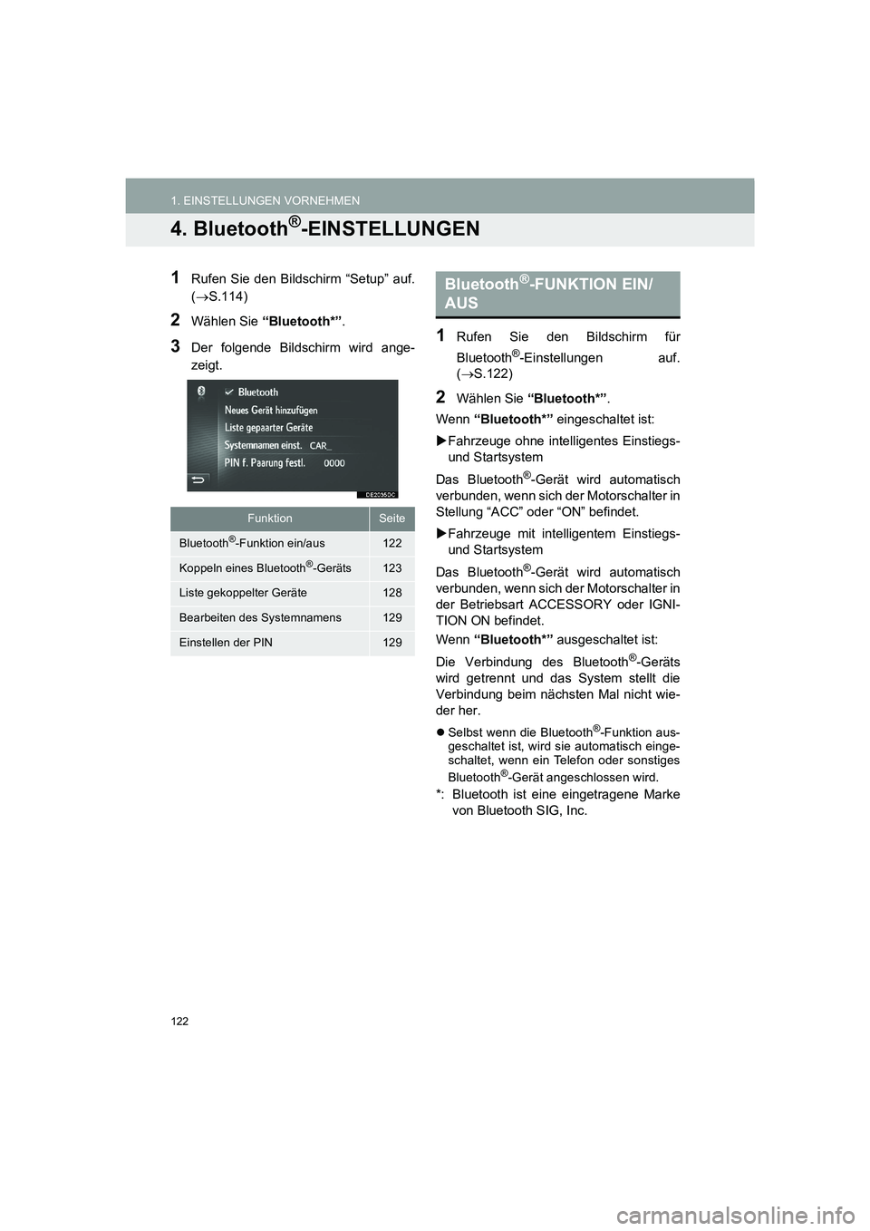 TOYOTA AURIS 2014  Betriebsanleitungen (in German) 122
COROLLA_14CY_Navi_EM
1. EINSTELLUNGEN VORNEHMEN
4. Bluetooth®-EINSTELLUNGEN
1Rufen Sie den Bildschirm “Setup” auf.
(→S.114)
2Wählen Sie “Bluetooth*”.
3Der folgende Bildschirm wird ange