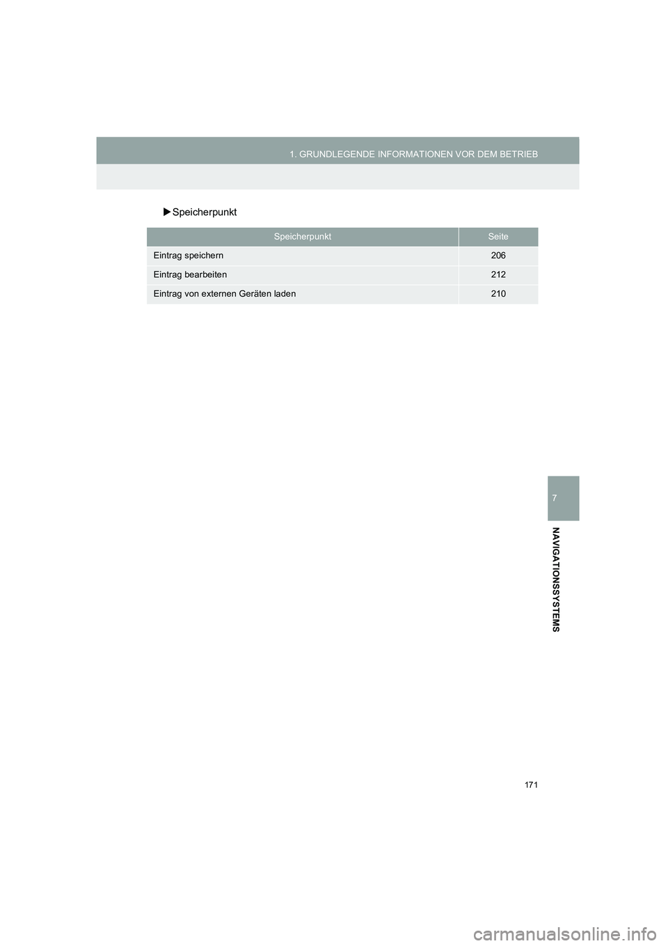TOYOTA AURIS 2014  Betriebsanleitungen (in German) 171
1. GRUNDLEGENDE INFORMATIONEN VOR DEM BETRIEB
7
NAVIGATIONSSYSTEMS
COROLLA_14CY_Navi_EM
�XSpeicherpunkt
SpeicherpunktSeite
Eintrag speichern206
Eintrag bearbeiten212
Eintrag von externen Geräten 