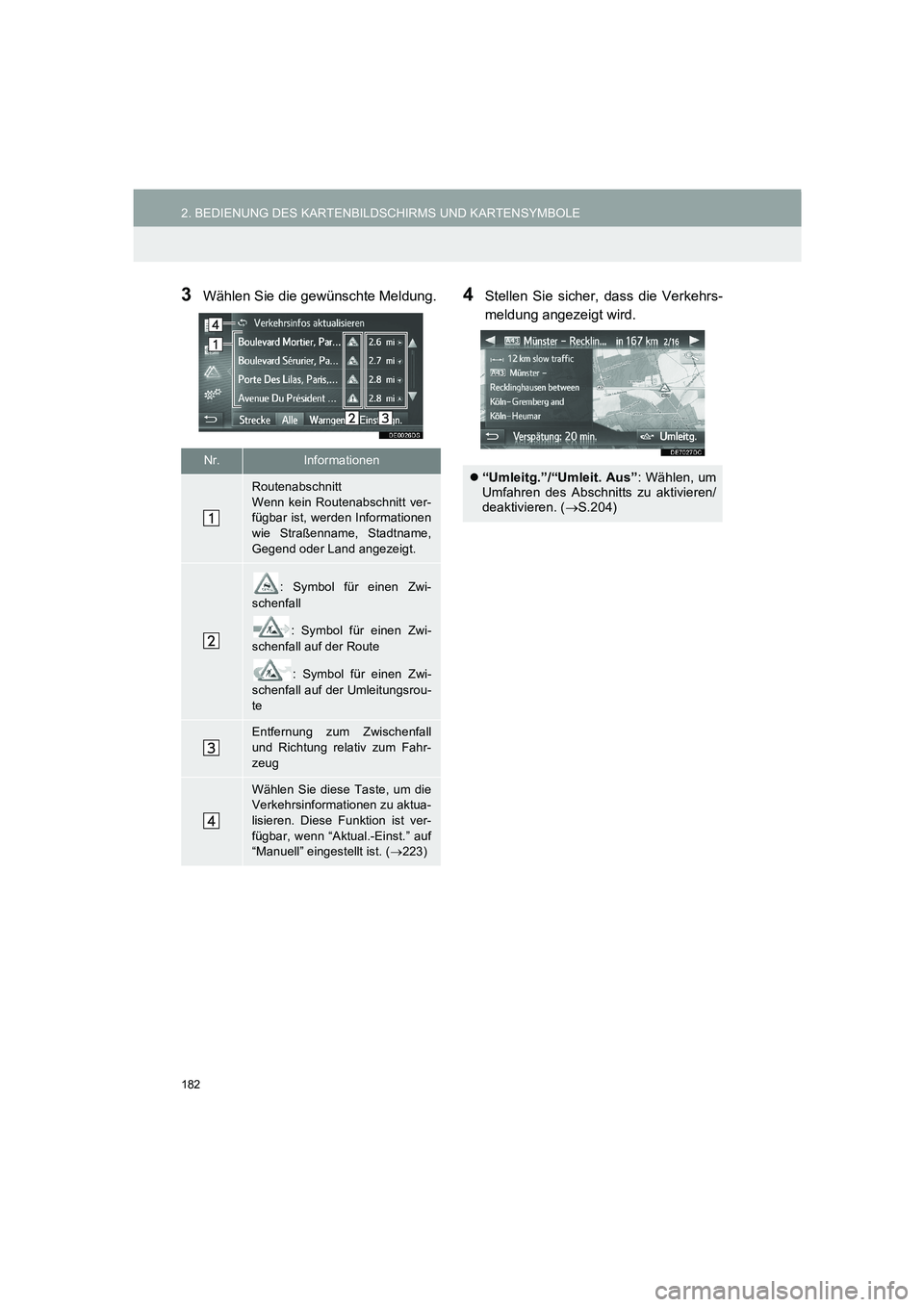 TOYOTA AURIS 2014 Betriebsanleitungen (in German) 182
2. BEDIENUNG DES KARTENBILDSCHIRMS UND KARTENSYMBOLE
COROLLA_14CY_Navi_EM
3Wählen Sie die gewünschte Meldung.4Stellen Sie sicher, dass die Verkehrs-
meldung angezeigt wird.
Nr.Informationen
Rout TOYOTA AURIS 2014 Betriebsanleitungen (in German) 182
2. BEDIENUNG DES KARTENBILDSCHIRMS UND KARTENSYMBOLE
COROLLA_14CY_Navi_EM
3Wählen Sie die gewünschte Meldung.4Stellen Sie sicher, dass die Verkehrs-
meldung angezeigt wird.
Nr.Informationen
Rout