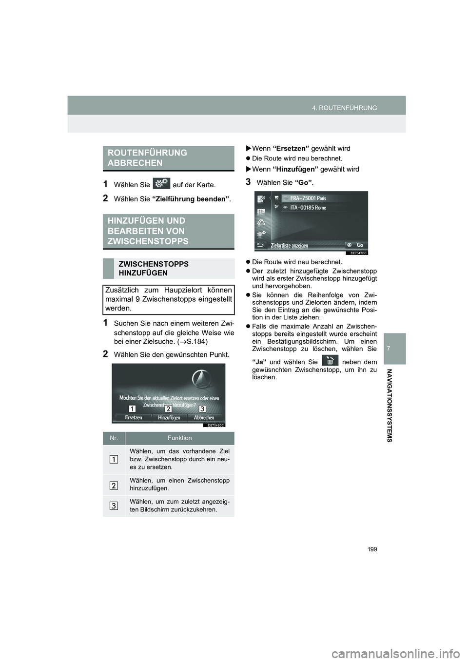 TOYOTA AURIS 2014  Betriebsanleitungen (in German) 199
4. ROUTENFÜHRUNG
COROLLA_14CY_Navi_EM
7
NAVIGATIONSSYSTEMS
1Wählen Sie   auf der Karte.
2Wählen Sie “Zielführung beenden”.
1Suchen Sie nach einem weiteren Zwi-
schenstopp auf die gleiche W