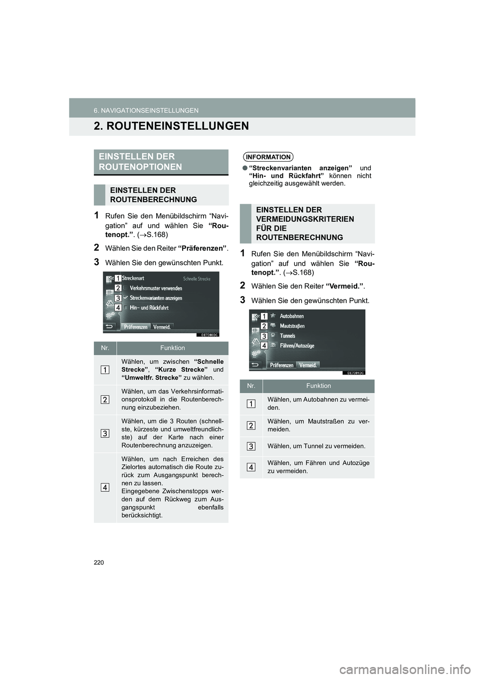 TOYOTA AURIS 2014  Betriebsanleitungen (in German) 220
6. NAVIGATIONSEINSTELLUNGEN
COROLLA_14CY_Navi_EM
2. ROUTENEINSTELLUNGEN
1Rufen Sie den Menübildschirm “Navi-
gation” auf und wählen Sie “Rou-
tenopt.”. (→S.168)
2Wählen Sie den Reiter