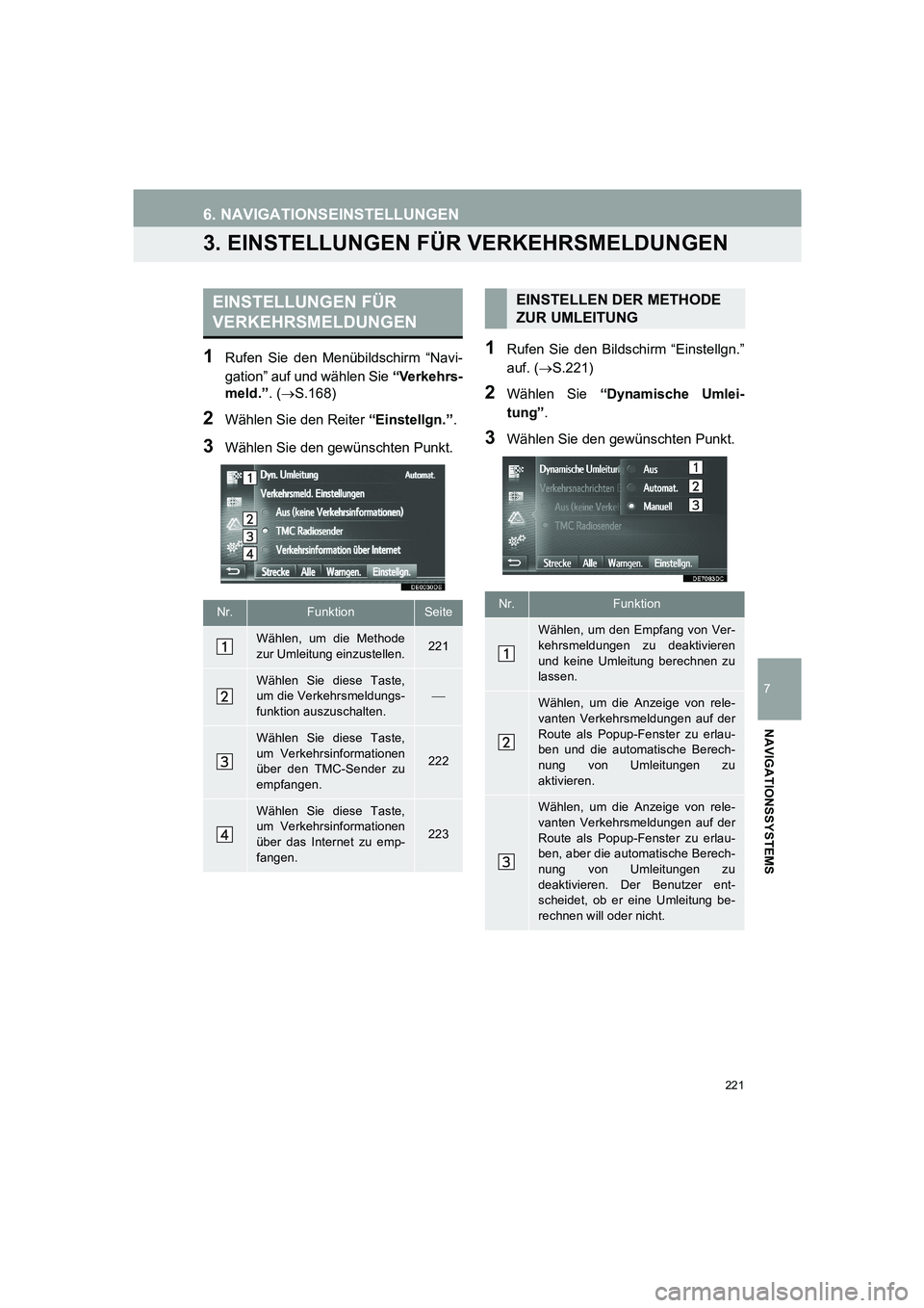TOYOTA AURIS 2014  Betriebsanleitungen (in German) 221
6. NAVIGATIONSEINSTELLUNGEN
COROLLA_14CY_Navi_EM
7
NAVIGATIONSSYSTEMS
3. EINSTELLUNGEN FÜR VERKEHRSMELDUNGEN
1Rufen Sie den Menübildschirm “Navi-
gation” auf und wählen Sie “Verkehrs-
mel