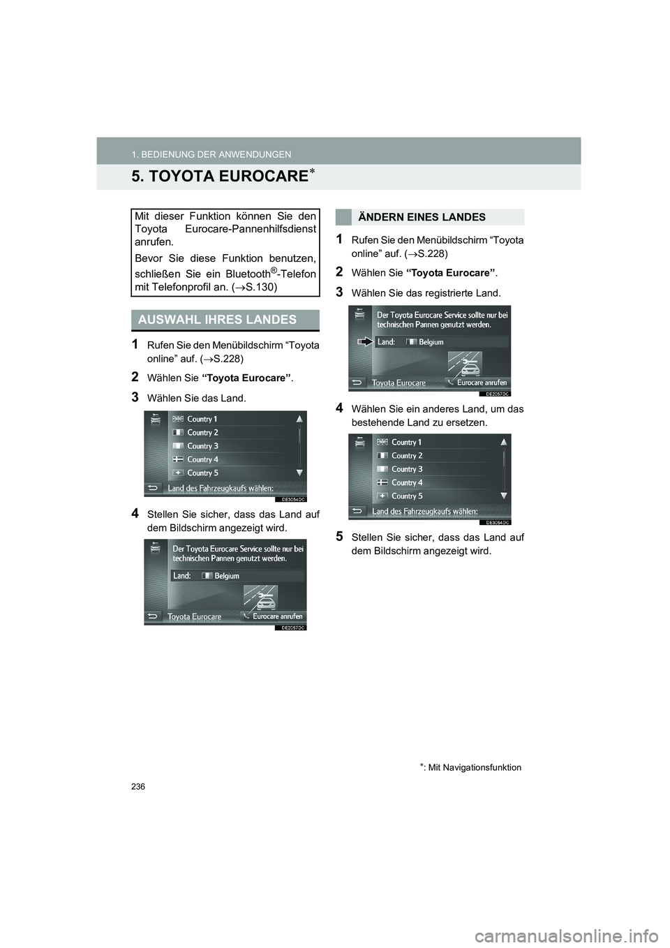 TOYOTA AURIS 2014  Betriebsanleitungen (in German) 236
1. BEDIENUNG DER ANWENDUNGEN
COROLLA_14CY_Navi_EM
5. TOYOTA EUROCARE∗
1Rufen Sie den Menübildschirm “Toyota
online” auf. (→S.228)
2Wählen Sie “Toyota Eurocare”.
3Wählen Sie das Land
