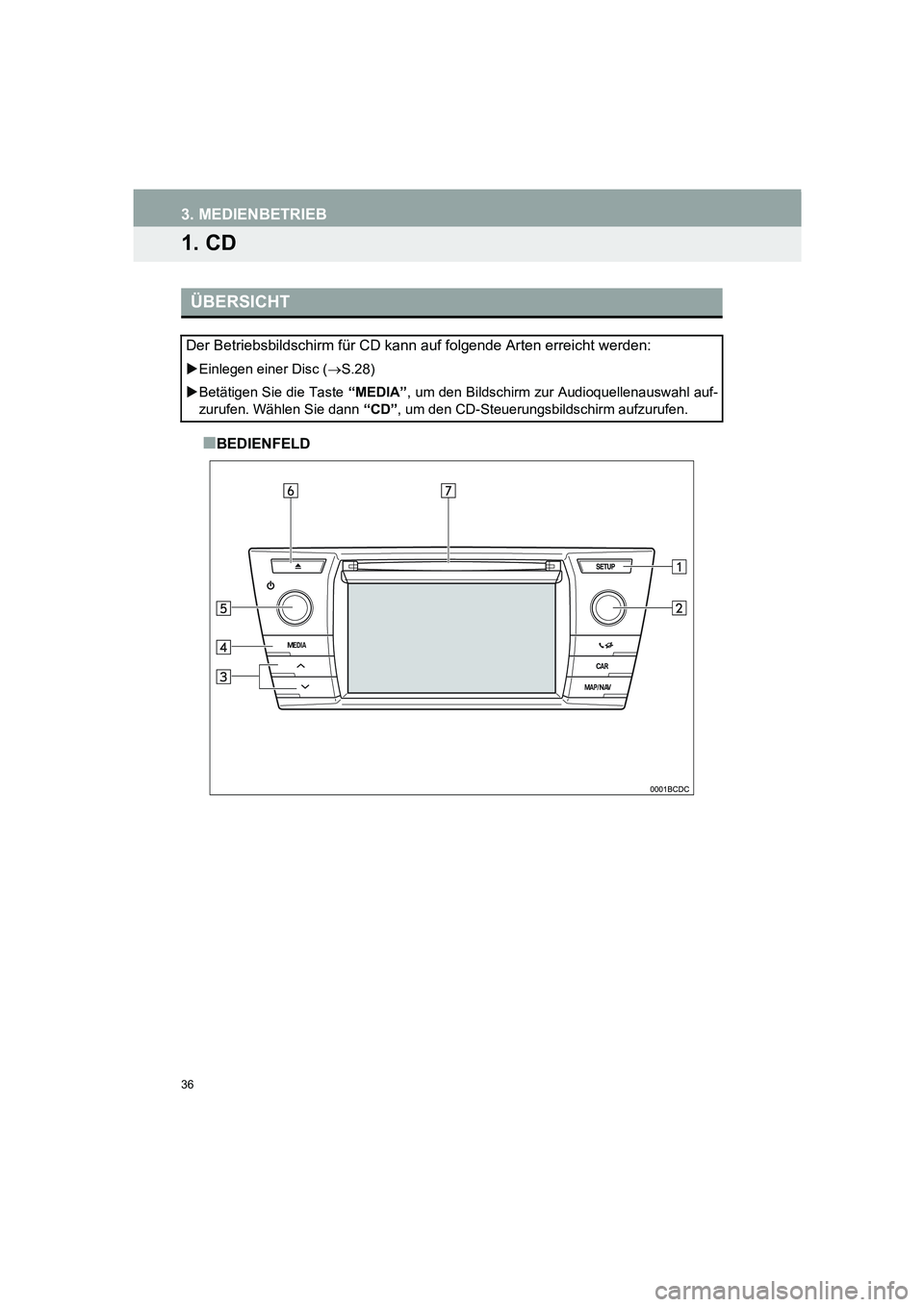 TOYOTA AURIS 2014  Betriebsanleitungen (in German) 36
COROLLA_14CY_Navi_EM
3. MEDIENBETRIEB
1. CD
■BEDIENFELD
ÜBERSICHT
Der Betriebsbildschirm für CD kann auf folgende Arten erreicht werden: 
�XEinlegen einer Disc (→S.28)
�XBetätigen Sie die Ta