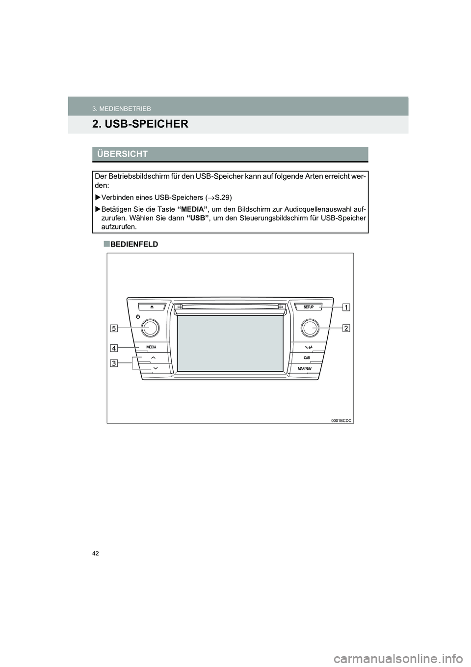 TOYOTA AURIS 2014  Betriebsanleitungen (in German) 42
COROLLA_14CY_Navi_EM
3. MEDIENBETRIEB
2. USB-SPEICHER
■BEDIENFELD
ÜBERSICHT
Der Betriebsbildschirm für den USB-Speicher kann auf folgende Arten erreicht wer-
den: 
�XVerbinden eines USB-Speiche