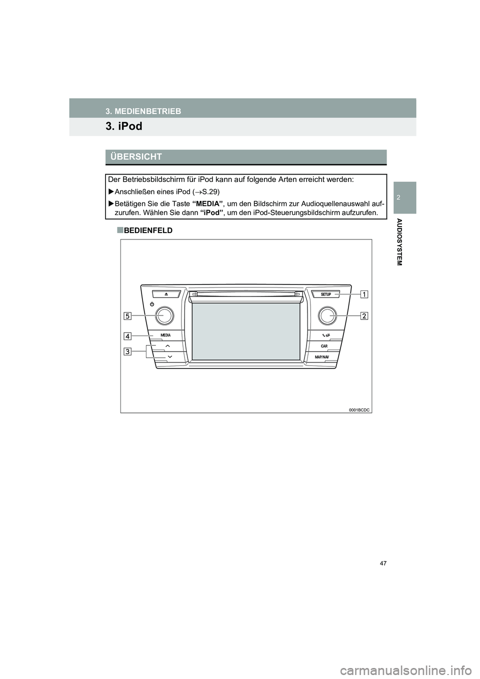TOYOTA AURIS 2014  Betriebsanleitungen (in German) 47
COROLLA_14CY_Navi_EM
3. MEDIENBETRIEB
2
AUDIOSYSTEM
3. iPod
■BEDIENFELD
ÜBERSICHT
Der Betriebsbildschirm für iPod kann auf folgende Arten erreicht werden: 
�XAnschließen eines iPod (→S.29)
�