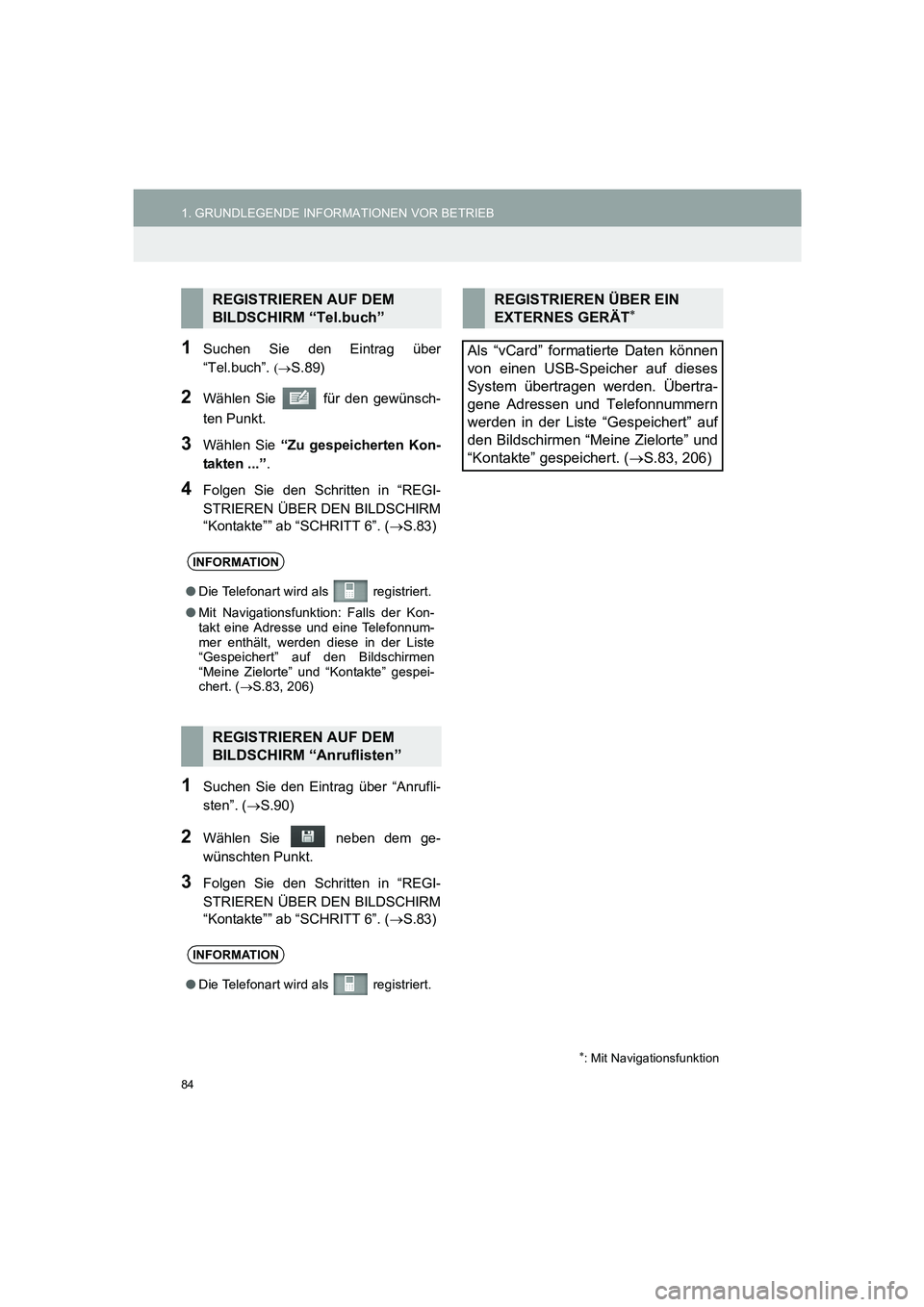 TOYOTA AURIS 2014  Betriebsanleitungen (in German) 84
1. GRUNDLEGENDE INFORMATIONEN VOR BETRIEB
COROLLA_14CY_Navi_EM
1Suchen Sie den Eintrag über
“Tel.buch”. 
(→S.89)
2Wählen Sie   für den gewünsch-
ten Punkt.
3Wählen Sie “Zu gespeicherte