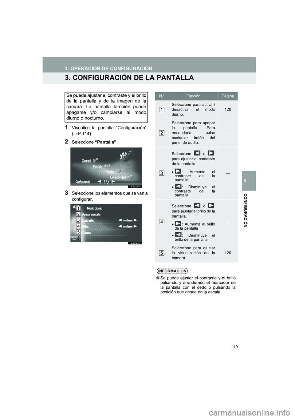TOYOTA AURIS 2014  Manuale de Empleo (in Spanish) 119
COROLLA_14CY_Navi_ES
1. OPERACIÓN DE CONFIGURACIÓN
5
CONFIGURACIÓN
3. CONFIGURACIÓN DE LA PANTALLA
1Visualice la pantalla “Configuración”.
(→P.114)
2Seleccione “Pantalla”.
3Seleccio