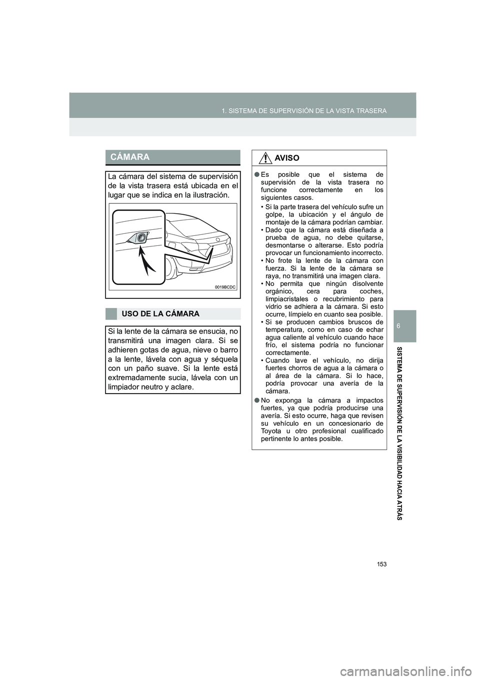 TOYOTA AURIS 2014  Manuale de Empleo (in Spanish) 153
1. SISTEMA DE SUPERVISIÓN DE LA VISTA TRASERA
COROLLA_14CY_Navi_ES
6
SISTEMA DE SUPERVISIÓN DE LA VISIBILIDAD HACIA ATRÁS
CÁMARA
La cámara del sistema de supervisión
de la vista trasera est