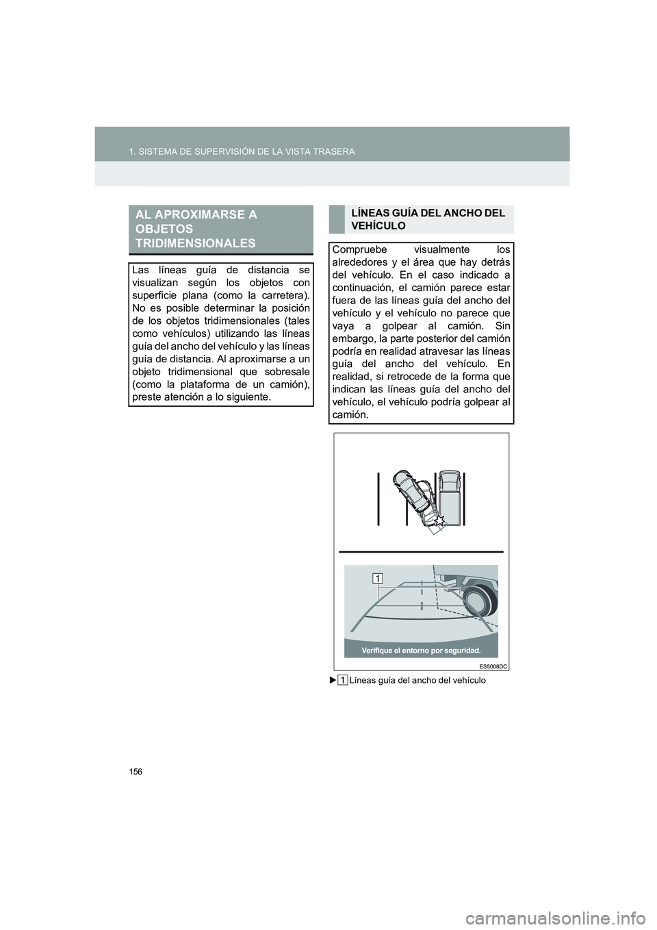 TOYOTA AURIS 2014  Manuale de Empleo (in Spanish) 156
1. SISTEMA DE SUPERVISIÓN DE LA VISTA TRASERA
COROLLA_14CY_Navi_ES
�XLíneas guía del ancho del vehículo
AL APROXIMARSE A 
OBJETOS 
TRIDIMENSIONALES
Las líneas guía de distancia se
visualizan