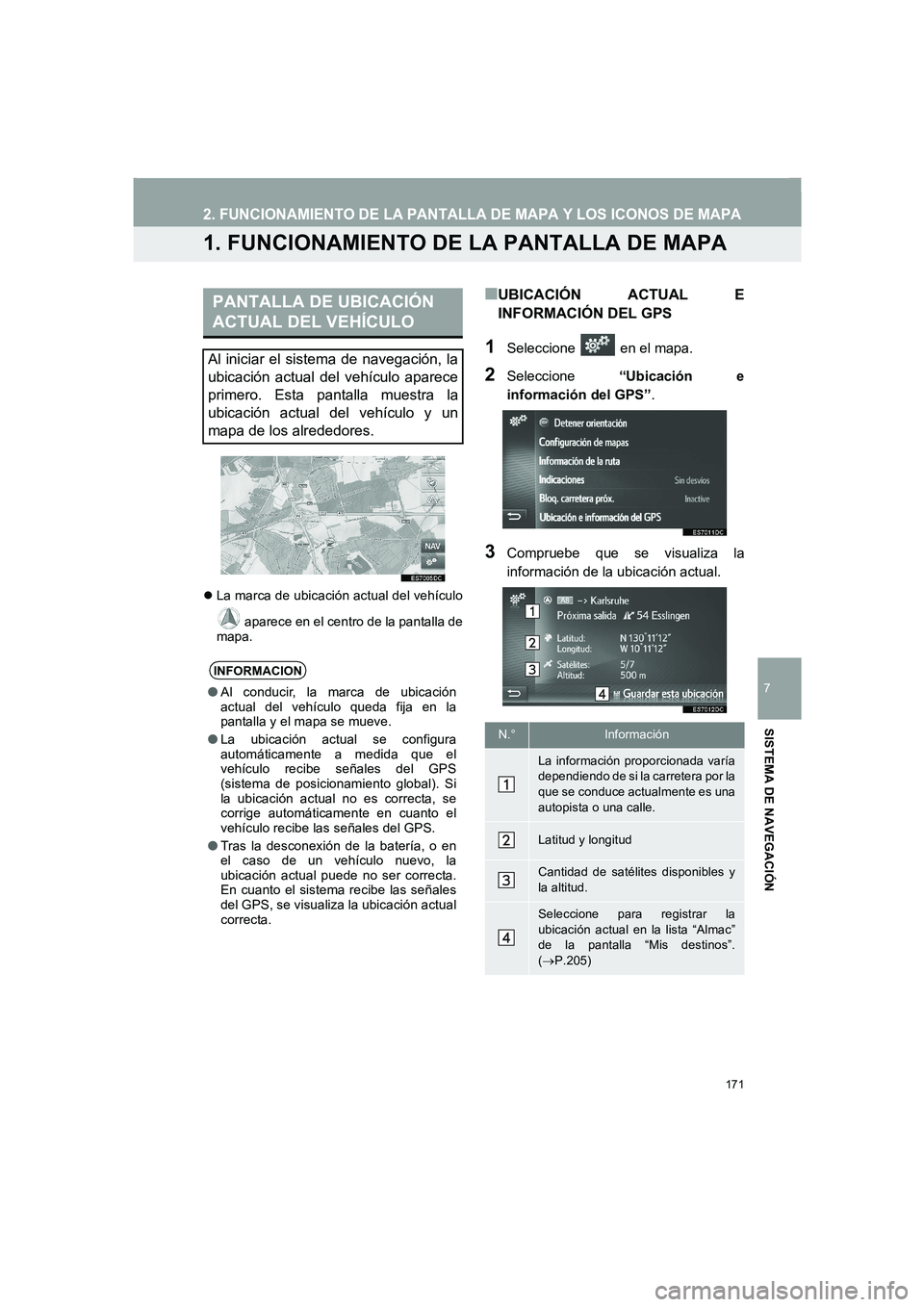 TOYOTA AURIS 2014  Manuale de Empleo (in Spanish) 171
COROLLA_14CY_Navi_ES
7
SISTEMA DE NAVEGACIÓN
2. FUNCIONAMIENTO DE LA PANTALLA DE MAPA Y LOS ICONOS DE MAPA
1. FUNCIONAMIENTO DE LA PANTALLA DE MAPA
�zLa marca de ubicación actual del vehículo
 