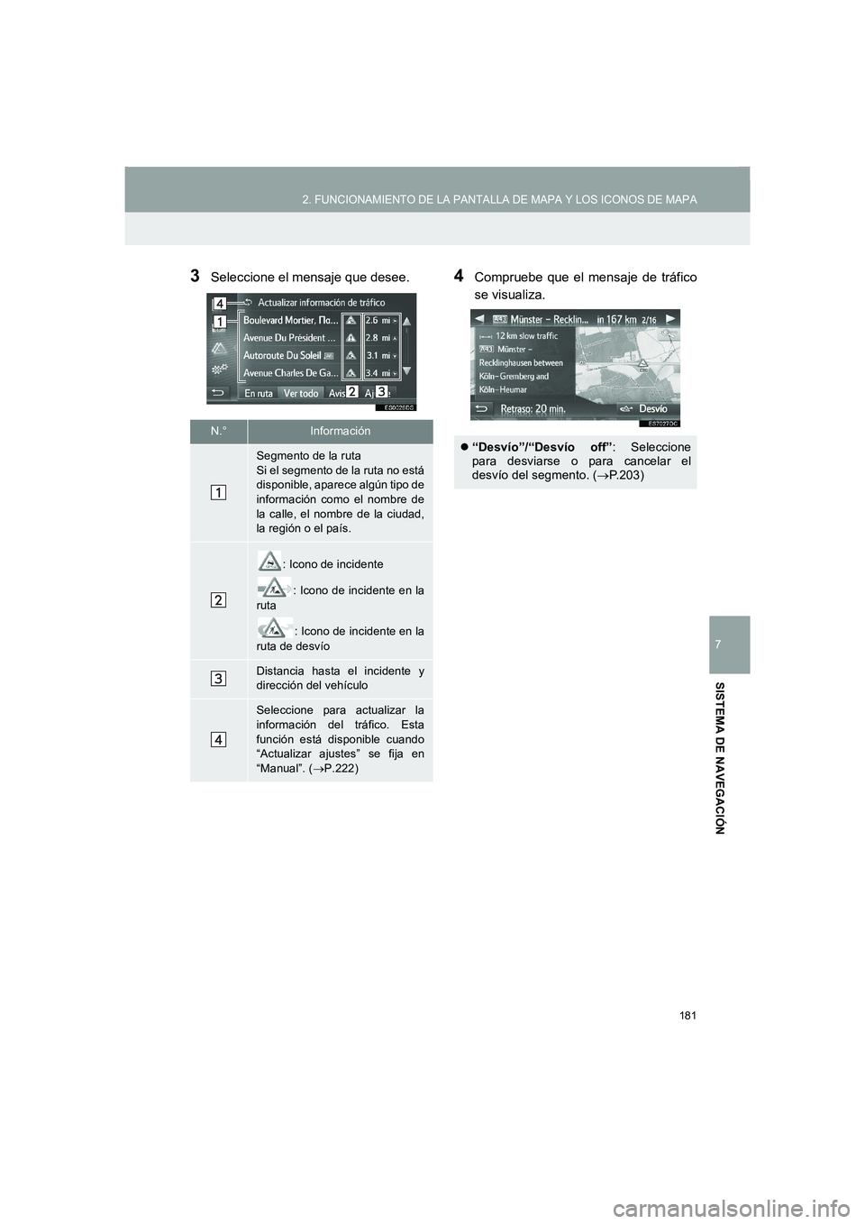 TOYOTA AURIS 2014 Manuale de Empleo (in Spanish) 181
2. FUNCIONAMIENTO DE LA PANTALLA DE MAPA Y LOS ICONOS DE MAPA
COROLLA_14CY_Navi_ES
7
SISTEMA DE NAVEGACIÓN
3Seleccione el mensaje que desee.4Compruebe que el mensaje de tráfico
se visualiza.
N. TOYOTA AURIS 2014 Manuale de Empleo (in Spanish) 181
2. FUNCIONAMIENTO DE LA PANTALLA DE MAPA Y LOS ICONOS DE MAPA
COROLLA_14CY_Navi_ES
7
SISTEMA DE NAVEGACIÓN
3Seleccione el mensaje que desee.4Compruebe que el mensaje de tráfico
se visualiza.
N.