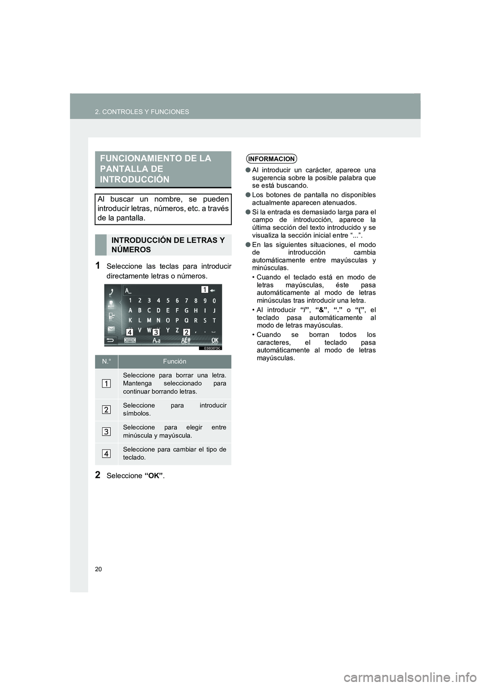 TOYOTA AURIS 2014 Manuale de Empleo (in Spanish) 20
2. CONTROLES Y FUNCIONES
COROLLA_14CY_Navi_ES
1Seleccione las teclas para introducir
directamente letras o números.
2Seleccione “OK”.
FUNCIONAMIENTO DE LA
PANTALLA DE
INTRODUCCIÓN
Al buscar TOYOTA AURIS 2014 Manuale de Empleo (in Spanish) 20
2. CONTROLES Y FUNCIONES
COROLLA_14CY_Navi_ES
1Seleccione las teclas para introducir
directamente letras o números.
2Seleccione “OK”.
FUNCIONAMIENTO DE LA
PANTALLA DE
INTRODUCCIÓN
Al buscar