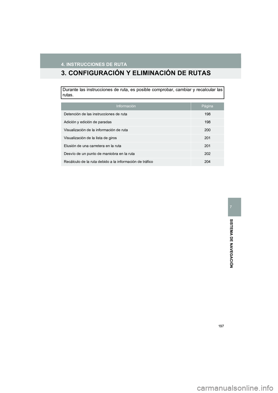 TOYOTA AURIS 2014  Manuale de Empleo (in Spanish) 197
4. INSTRUCCIONES DE RUTA
COROLLA_14CY_Navi_ES
7
SISTEMA DE NAVEGACIÓN
3. CONFIGURACIÓN Y ELIMINACIÓN DE RUTAS
Durante las instrucciones de ruta, es posible comprobar, cambiar y recalcular las
r