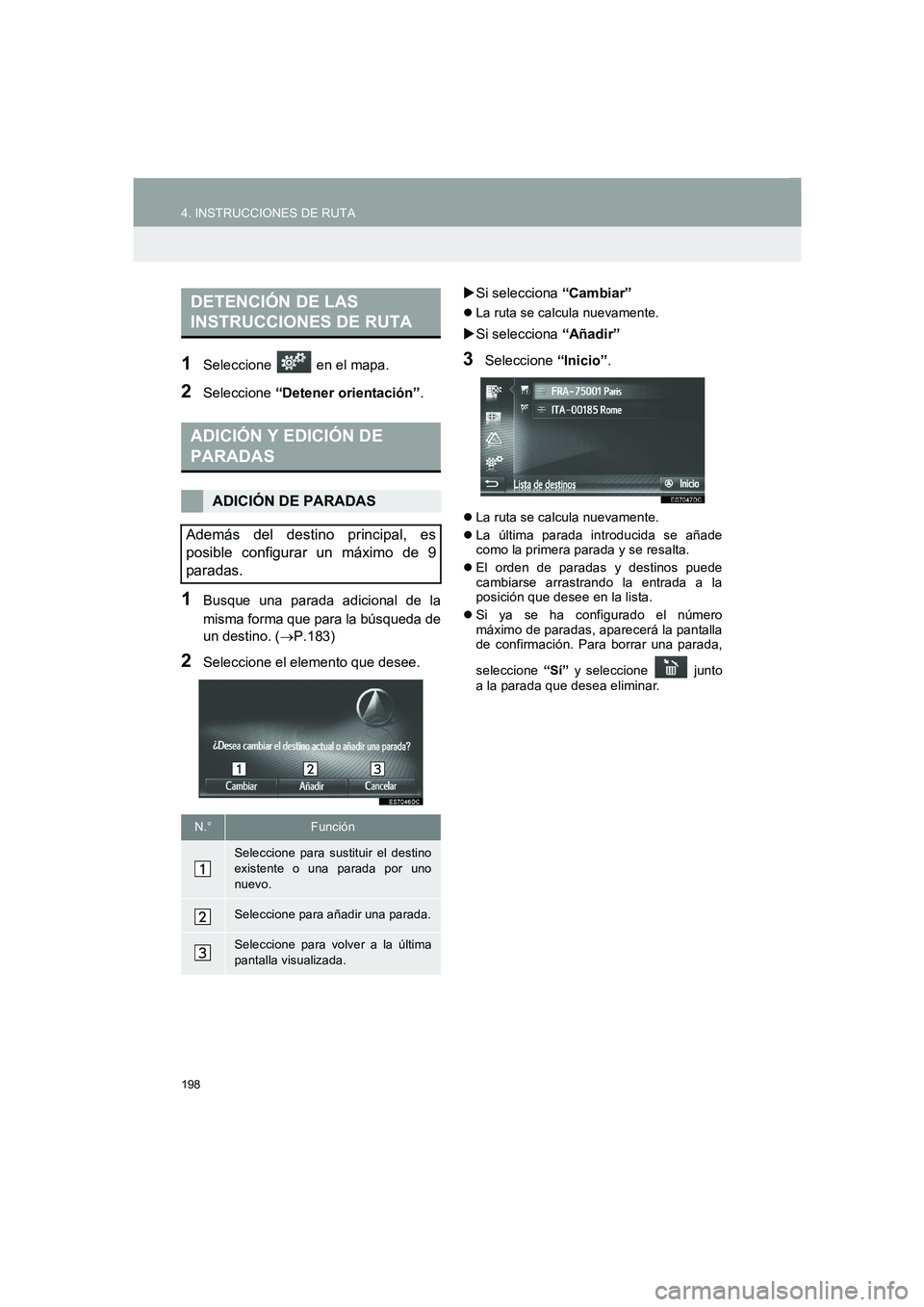 TOYOTA AURIS 2014  Manuale de Empleo (in Spanish) 198
4. INSTRUCCIONES DE RUTA
COROLLA_14CY_Navi_ES
1Seleccione   en el mapa.
2Seleccione “Detener orientación”.
1Busque una parada adicional de la
misma forma que para la búsqueda de
un destino. 