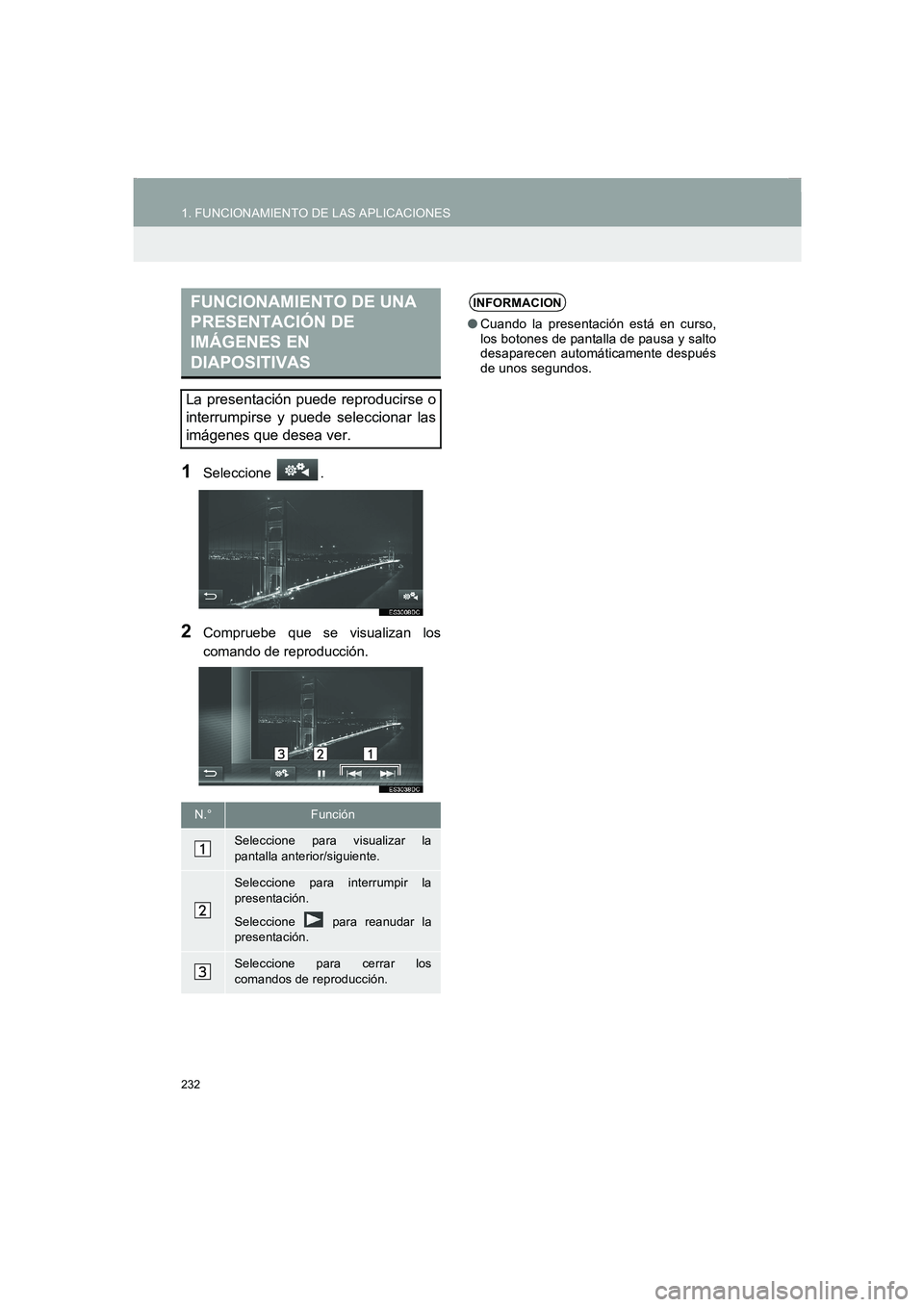 TOYOTA AURIS 2014 Manuale de Empleo (in Spanish) 232
1. FUNCIONAMIENTO DE LAS APLICACIONES
COROLLA_14CY_Navi_ES
1Seleccione .
2Compruebe que se visualizan los
comando de reproducción.
FUNCIONAMIENTO DE UNA
PRESENTACIÓN DE
IMÁGENES EN
DIAPOSITI TOYOTA AURIS 2014 Manuale de Empleo (in Spanish) 232
1. FUNCIONAMIENTO DE LAS APLICACIONES
COROLLA_14CY_Navi_ES
1Seleccione .
2Compruebe que se visualizan los
comando de reproducción.
FUNCIONAMIENTO DE UNA
PRESENTACIÓN DE
IMÁGENES EN
DIAPOSITI