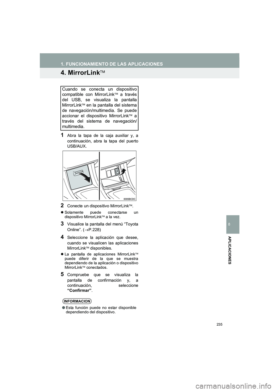 TOYOTA AURIS 2014  Manuale de Empleo (in Spanish) 235
1. FUNCIONAMIENTO DE LAS APLICACIONES
COROLLA_14CY_Navi_ES
8
APLICACIONES
4. MirrorLink
1Abra la tapa de la caja auxiliar y, a
continuación, abra la tapa del puerto
USB/AUX.
2Conecte un dispos