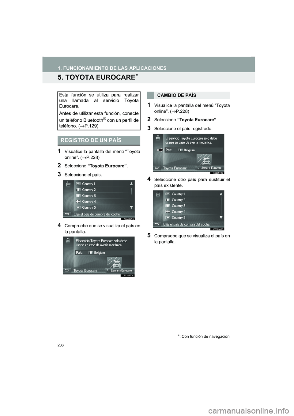 TOYOTA AURIS 2014  Manuale de Empleo (in Spanish) 236
1. FUNCIONAMIENTO DE LAS APLICACIONES
COROLLA_14CY_Navi_ES
5. TOYOTA EUROCARE∗
1Visualice la pantalla del menú “Toyota
online”. (→P.228)
2Seleccione “Toyota Eurocare”.
3Seleccione el 