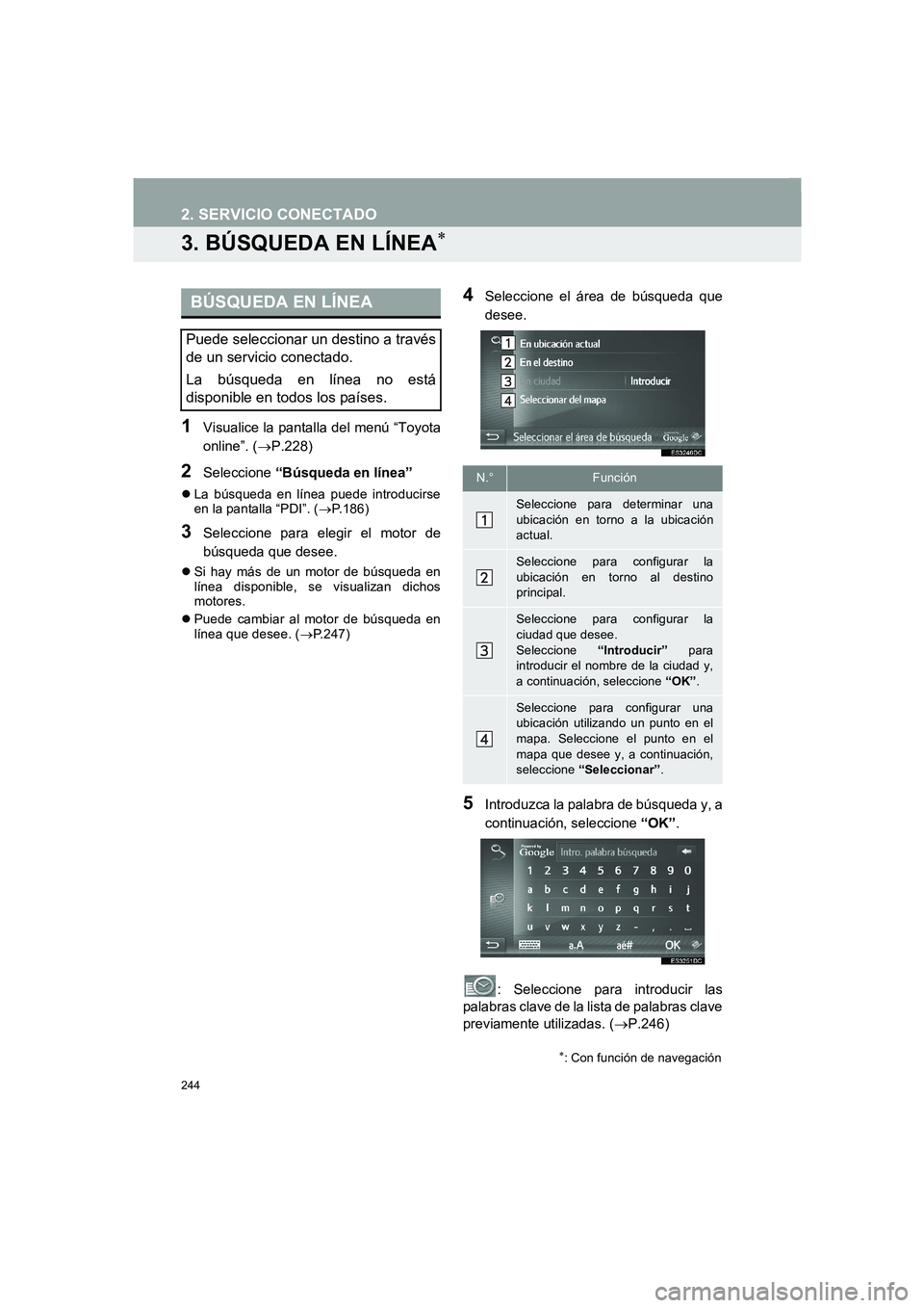 TOYOTA AURIS 2014  Manuale de Empleo (in Spanish) 244
2. SERVICIO CONECTADO
COROLLA_14CY_Navi_ES
3. BÚSQUEDA EN LÍNEA∗
1Visualice la pantalla del menú “Toyota
online”. (→P.228)
2Seleccione “Búsqueda en línea”
�zLa búsqueda en línea