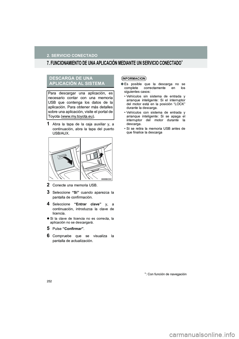 TOYOTA AURIS 2014 Manuale de Empleo (in Spanish) 252
2. SERVICIO CONECTADO
COROLLA_14CY_Navi_ES
7. FUNCIONAMIENTO DE UNA APLICACIÓN MEDIANTE UN SERVICIO CONECTADO∗
1Abra la tapa de la caja auxiliar y, a
continuación, abra la tapa del puerto
USB/ TOYOTA AURIS 2014 Manuale de Empleo (in Spanish) 252
2. SERVICIO CONECTADO
COROLLA_14CY_Navi_ES
7. FUNCIONAMIENTO DE UNA APLICACIÓN MEDIANTE UN SERVICIO CONECTADO∗
1Abra la tapa de la caja auxiliar y, a
continuación, abra la tapa del puerto
USB/