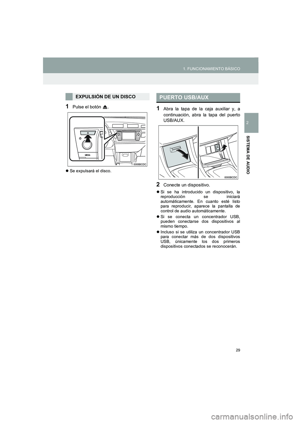TOYOTA AURIS 2014  Manuale de Empleo (in Spanish) 29
1. FUNCIONAMIENTO BÁSICO
2
SISTEMA DE AUDIO
COROLLA_14CY_Navi_ES
1Pulse el botón  .
�zSe expulsará el disco.
1Abra la tapa de la caja auxiliar y, a
continuación, abra la tapa del puerto
USB/AUX
