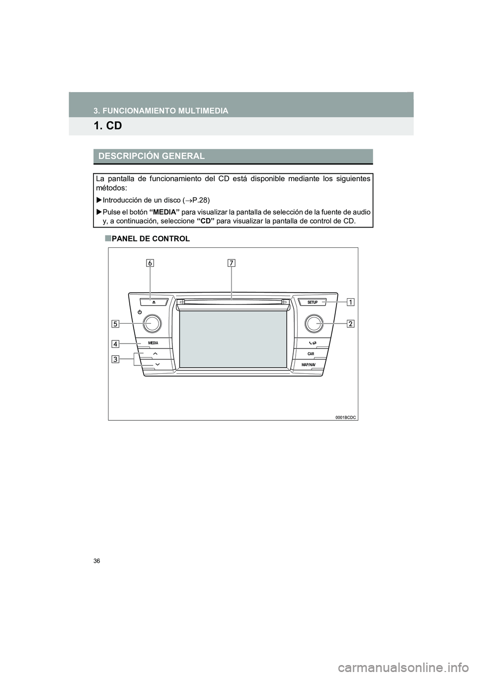TOYOTA AURIS 2014  Manuale de Empleo (in Spanish) 36
COROLLA_14CY_Navi_ES
3. FUNCIONAMIENTO MULTIMEDIA
1. CD
■PANEL DE CONTROL
DESCRIPCIÓN GENERAL
La pantalla de funcionamiento del CD está disponible mediante los siguientes
métodos: 
�XIntroducc