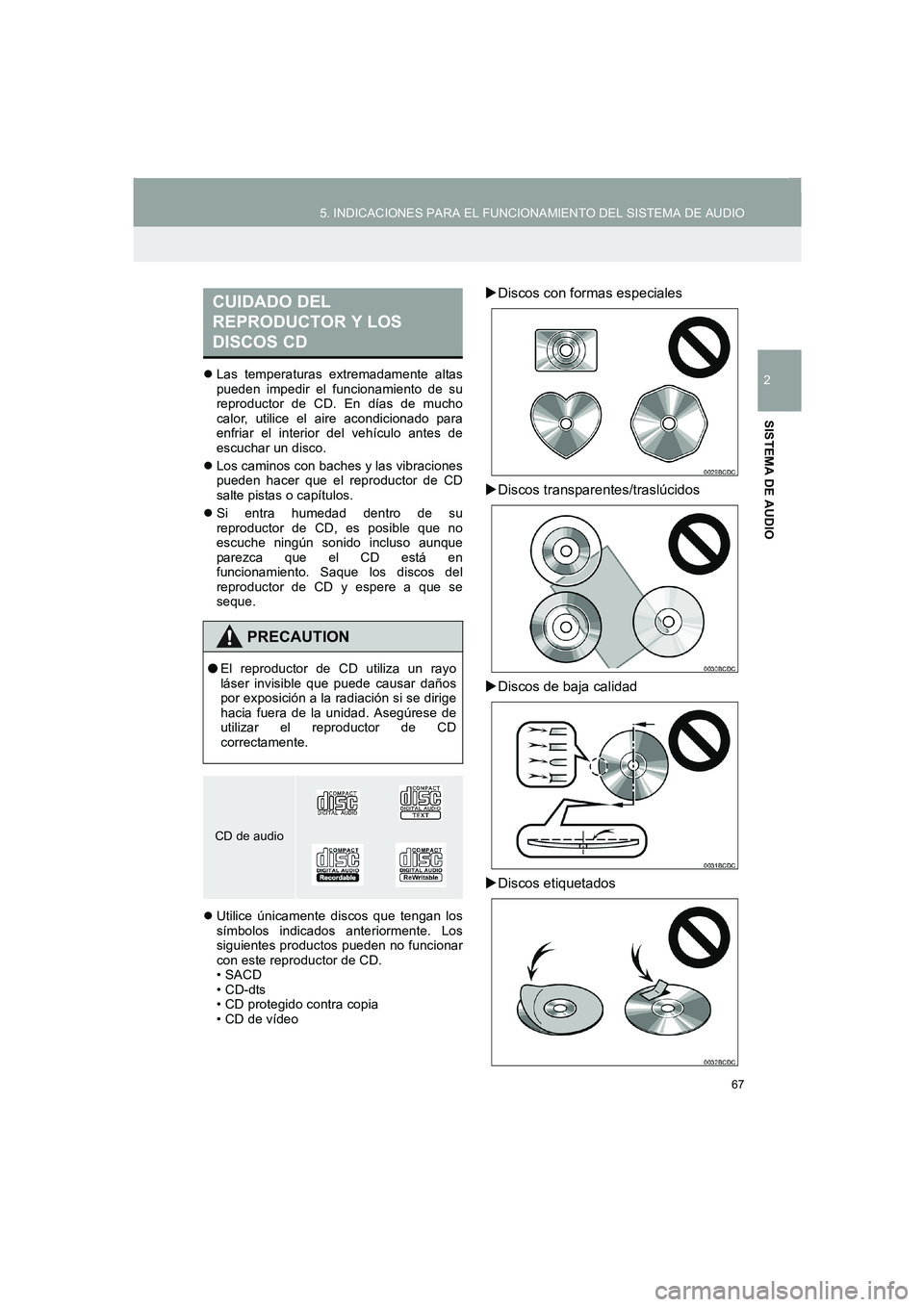 TOYOTA AURIS 2014  Manuale de Empleo (in Spanish) 67
5. INDICACIONES PARA EL FUNCIONAMIENTO DEL SISTEMA DE AUDIO
COROLLA_14CY_Navi_ES
2
SISTEMA DE AUDIO
�zLas temperaturas extremadamente altas
pueden impedir el funcionamiento de su
reproductor de CD.
