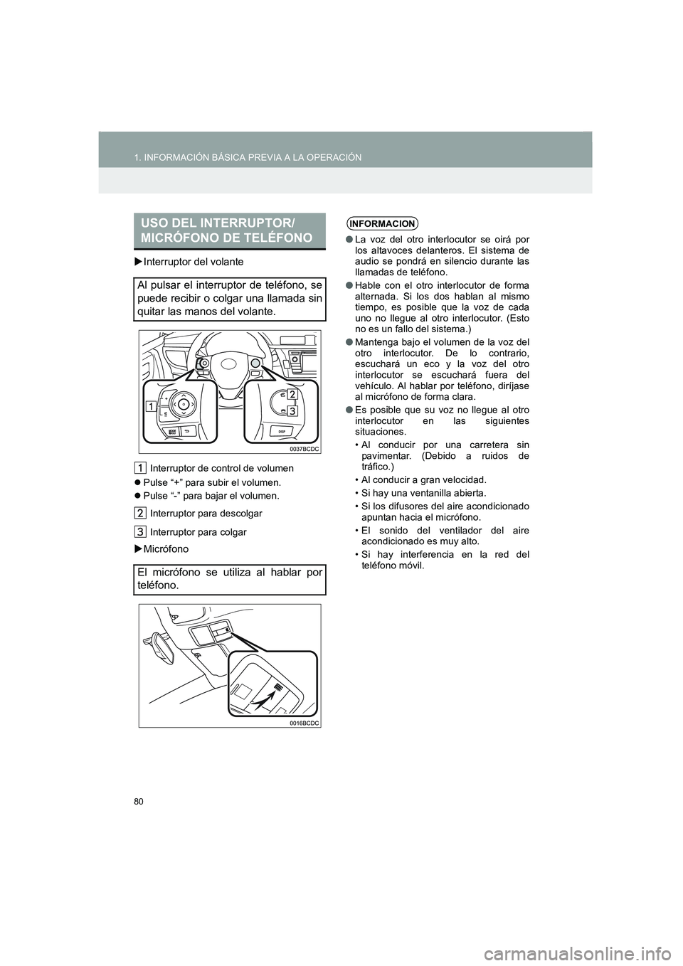 TOYOTA AURIS 2014  Manuale de Empleo (in Spanish) 80
1. INFORMACIÓN BÁSICA PREVIA A LA OPERACIÓN
COROLLA_14CY_Navi_ES
�XInterruptor del volante
Interruptor de control de volumen 
�zPulse “+” para subir el volumen.
�zPulse “-” para bajar el