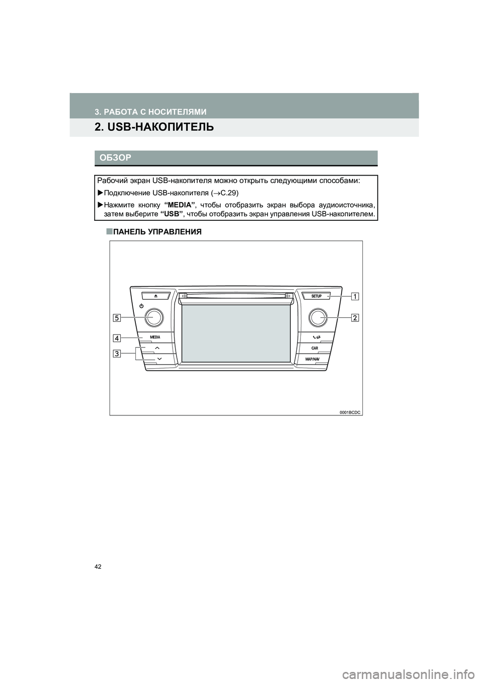 TOYOTA AURIS 2014  Руково 42
COROLLA_14CY_Navi_ER
3. РАБОТА С НОСИТЕЛЯМИ
2. USB-НАКОПИТЕЛЬ
■ПАНЕЛЬ УПРАВЛЕНИЯ
ОБЗОР
Рабочий экран USB-накопителя можн�