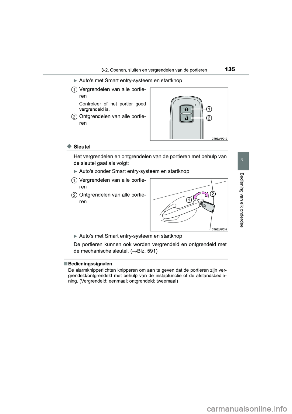 TOYOTA AURIS 2017 Instructieboekje (in Dutch) 1353-2. Openen, sluiten en vergrendelen van de portieren
UK AURIS_HB_EE (OM12K97E)
3
Bediening van elk onderdeel
Auto's met Smart entry-systeem en startknop
Vergrendelen van alle portie-
ren TOYOTA AURIS 2017 Instructieboekje (in Dutch) 1353-2. Openen, sluiten en vergrendelen van de portieren
UK AURIS_HB_EE (OM12K97E)
3
Bediening van elk onderdeel
Auto's met Smart entry-systeem en startknop
Vergrendelen van alle portie-
ren