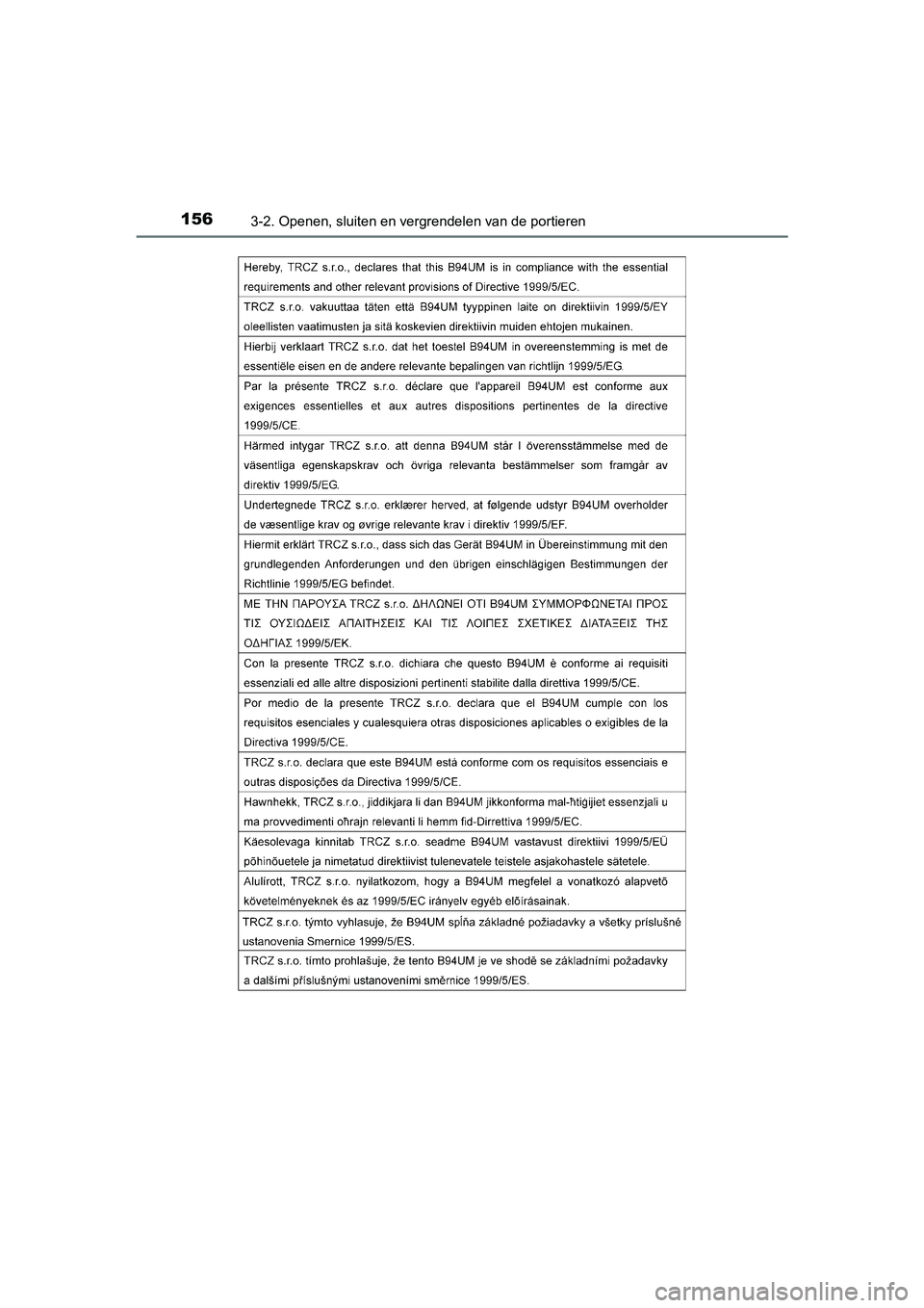 TOYOTA AURIS 2017  Instructieboekje (in Dutch) 1563-2. Openen, sluiten en vergrendelen van de portieren
UK AURIS_HB_EE (OM12K97E)
UK AURIS_HB_OM_Europe_OM12K97E.book  Page 156  Friday, October 7, 2016  4:48 PM 