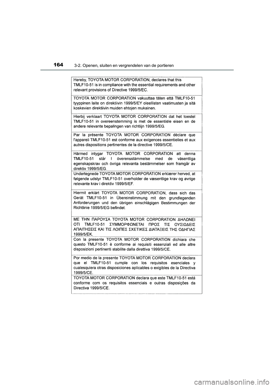 TOYOTA AURIS 2017  Instructieboekje (in Dutch) 1643-2. Openen, sluiten en vergrendelen van de portieren
UK AURIS_HB_EE (OM12K97E)
UK AURIS_HB_OM_Europe_OM12K97E.book  Page 164  Friday, October 7, 2016  4:48 PM 