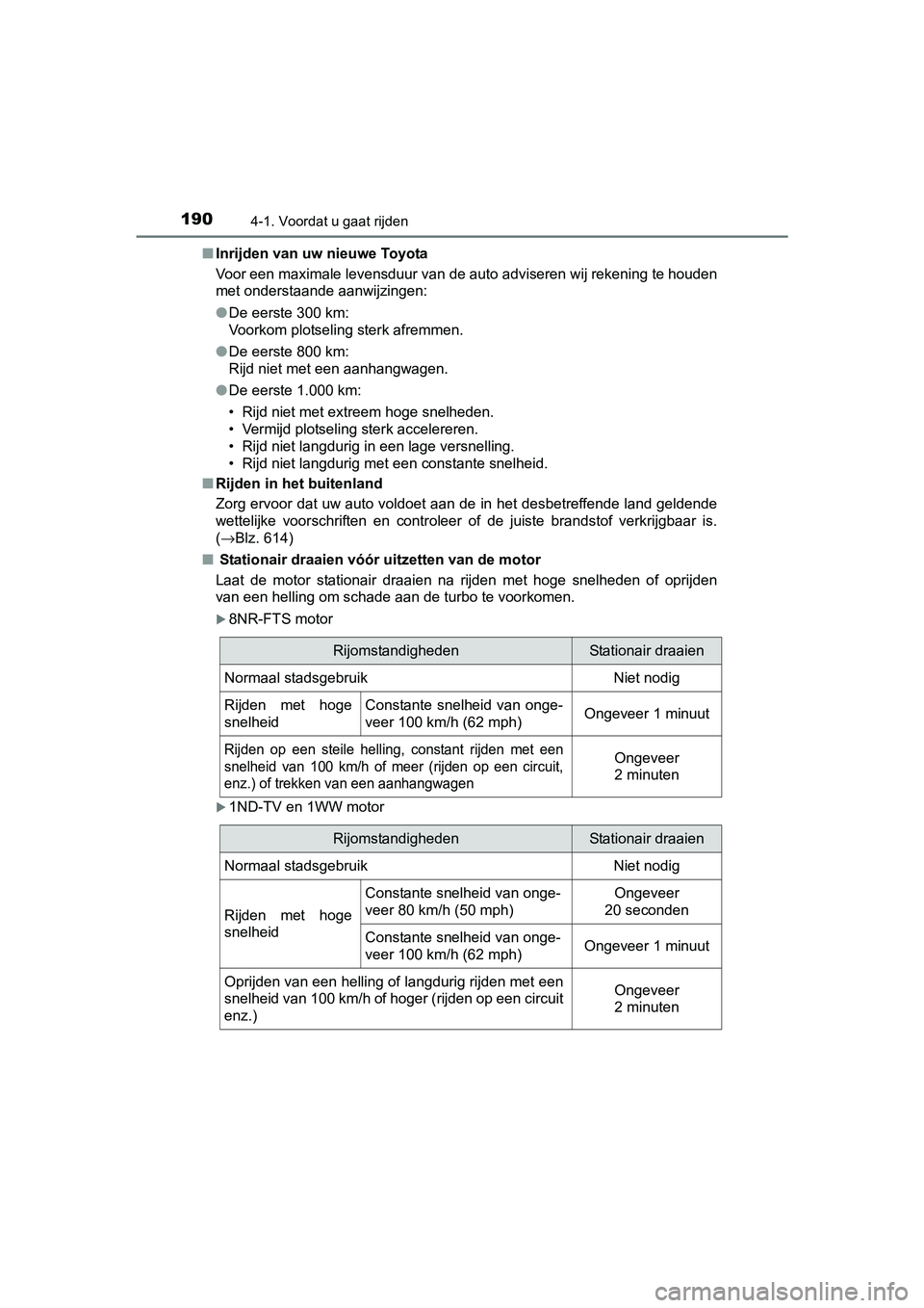 TOYOTA AURIS 2017 Instructieboekje (in Dutch) 1904-1. Voordat u gaat rijden
UK AURIS_HB_EE (OM12K97E)■
Inrijden van uw nieuwe Toyota
Voor een maximale levensduur van de auto adviseren wij rekening te houden
met onderstaande aanwijzingen:
● D TOYOTA AURIS 2017 Instructieboekje (in Dutch) 1904-1. Voordat u gaat rijden
UK AURIS_HB_EE (OM12K97E)■
Inrijden van uw nieuwe Toyota
Voor een maximale levensduur van de auto adviseren wij rekening te houden
met onderstaande aanwijzingen:
● D