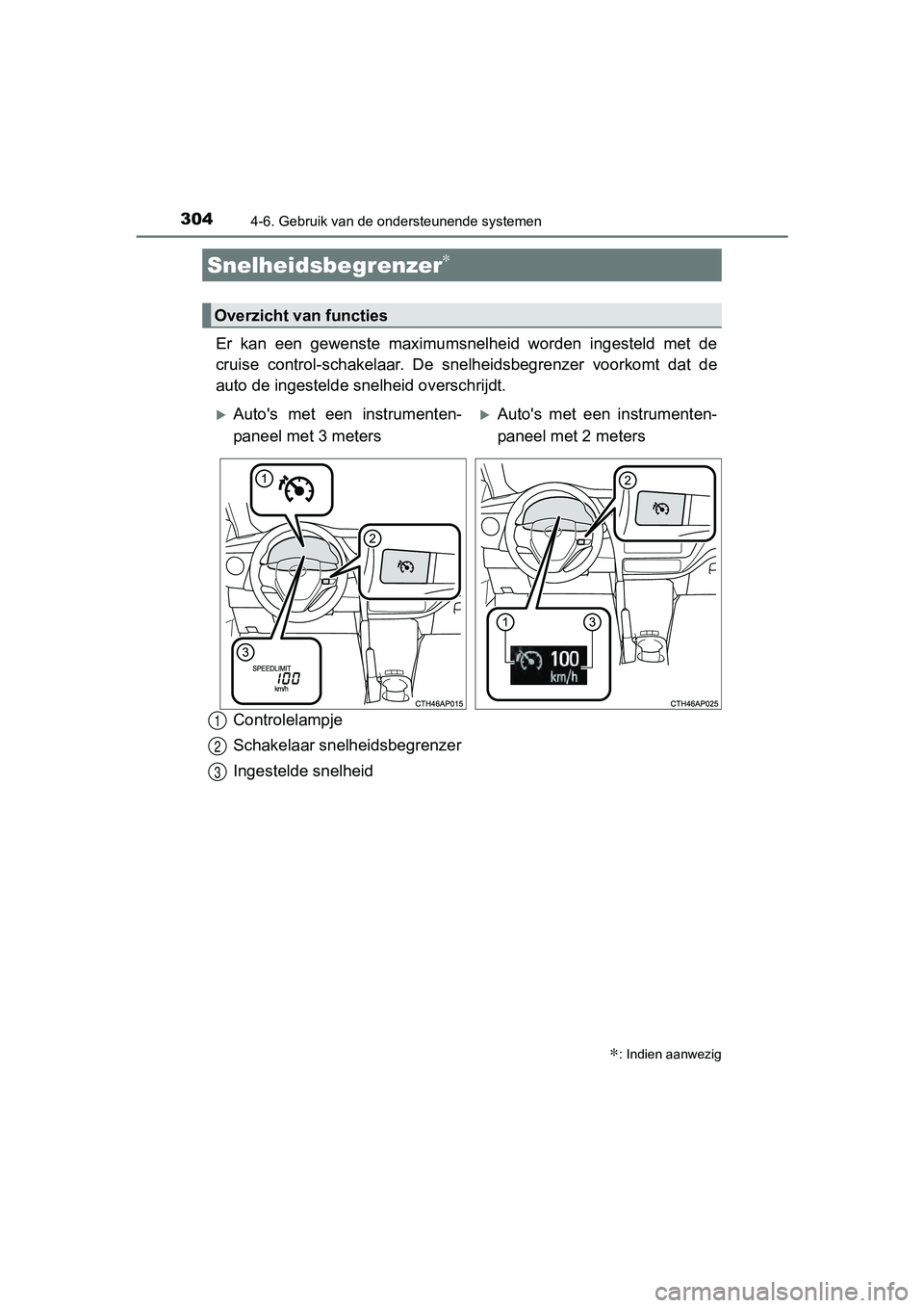 TOYOTA AURIS 2017  Instructieboekje (in Dutch) 3044-6. Gebruik van de ondersteunende systemen
UK AURIS_HB_EE (OM12K97E)
Er  kan  een  gewenste  maximumsnelheid  worden  ingesteld  met  de
cruise  control-schakelaar.  De  snelheidsbegrenzer  voorko