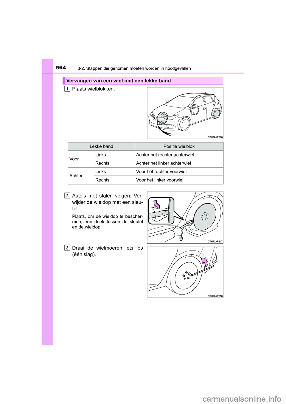 TOYOTA AURIS 2017  Instructieboekje (in Dutch) 5648-2. Stappen die genomen moeten worden in noodgevallen
UK AURIS_HB_EE (OM12K97E)
Plaats wielblokken.
Auto's  met  stalen  velgen:  Ver-
wijder de wieldop met een sleu-
tel.
Plaats,  om  de  wie
