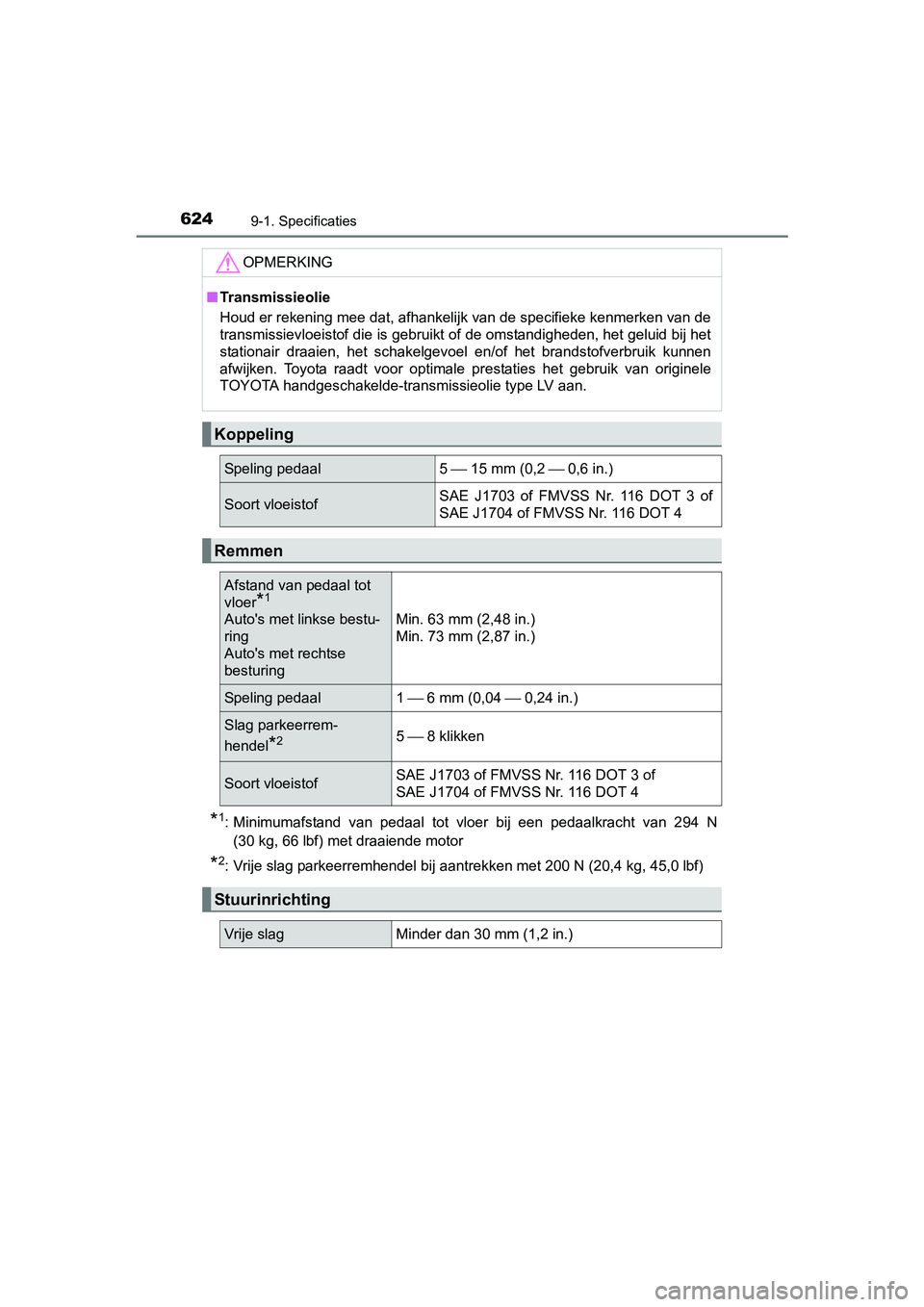 TOYOTA AURIS 2017 Instructieboekje (in Dutch) 6249-1. Specificaties
UK AURIS_HB_EE (OM12K97E)
*1: Minimumafstand van pedaal tot vloer bij een pedaalkracht van 294 N
(30 kg, 66 lbf) met draaiende motor
*2: Vrije slag parkeerremhendel bij TOYOTA AURIS 2017 Instructieboekje (in Dutch) 6249-1. Specificaties
UK AURIS_HB_EE (OM12K97E)
*1: Minimumafstand van pedaal tot vloer bij een pedaalkracht van 294 N
(30 kg, 66 lbf) met draaiende motor
*2: Vrije slag parkeerremhendel bij