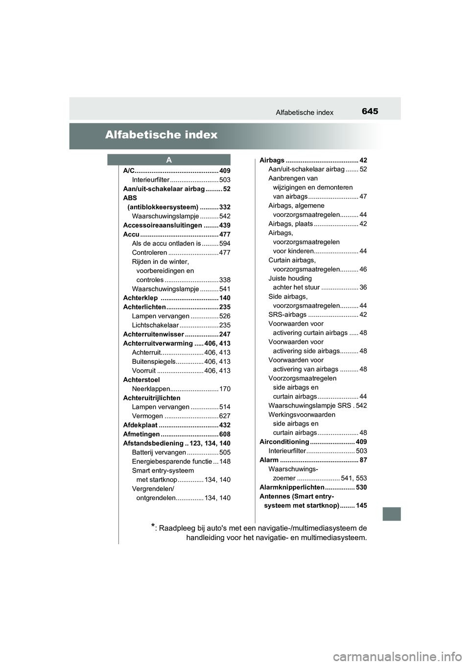 TOYOTA AURIS 2017 Instructieboekje (in Dutch) 645
UK AURIS_HB_EE (OM12K97E)
Alfabetische index
Alfabetische index
A/C............................................. 409Interieurfilter .......................... 503
Aan/uit-schakelaar airbag ....... TOYOTA AURIS 2017 Instructieboekje (in Dutch) 645
UK AURIS_HB_EE (OM12K97E)
Alfabetische index
Alfabetische index
A/C............................................. 409Interieurfilter .......................... 503
Aan/uit-schakelaar airbag .......