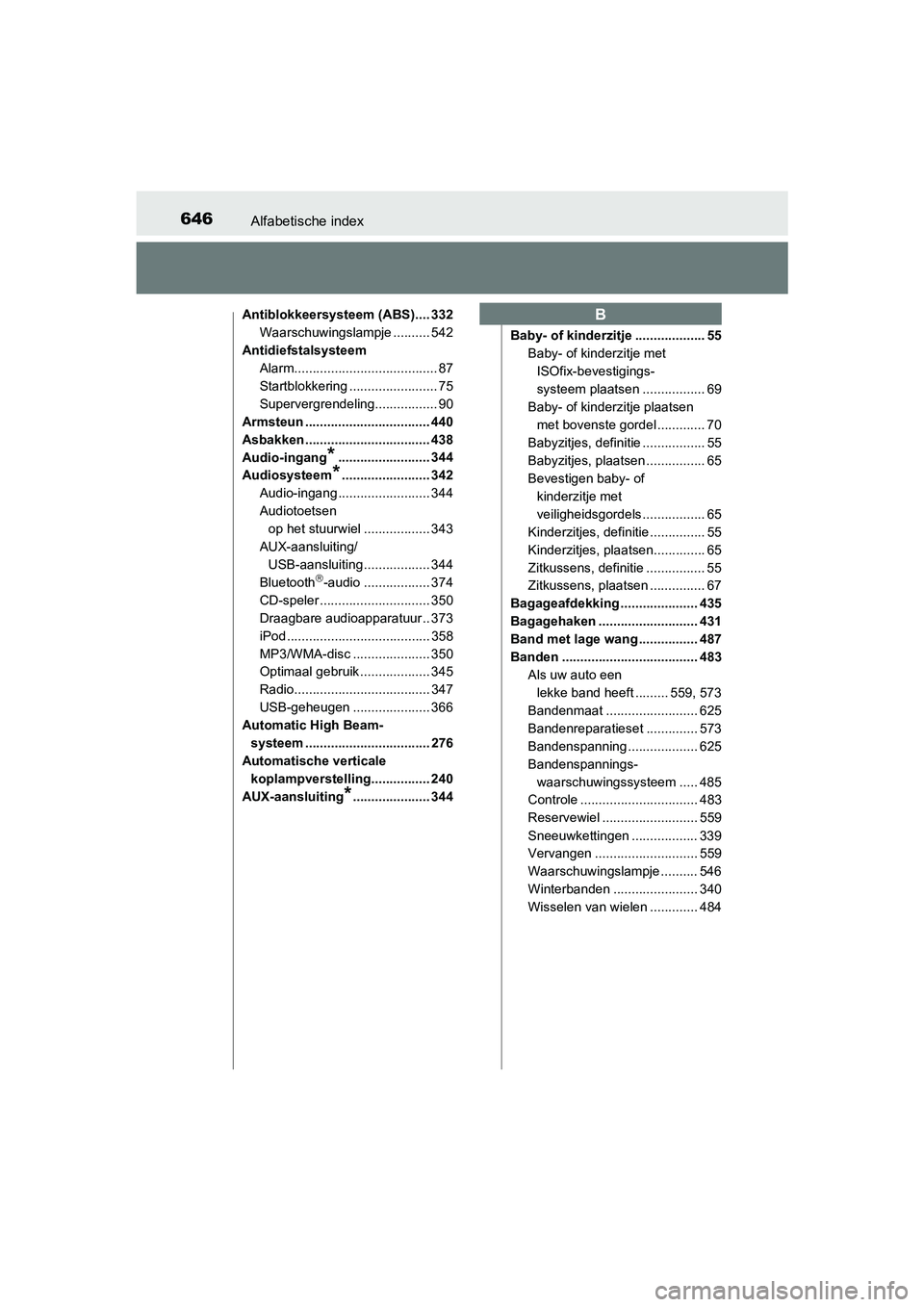 TOYOTA AURIS 2017 Instructieboekje (in Dutch) 646Alfabetische index
UK AURIS_HB_EE (OM12K97E)
Antiblokkeersysteem (ABS).... 332Waarschuwingslampje .......... 542
Antidiefstalsysteem Alarm....................................... 87
Startblokkering TOYOTA AURIS 2017 Instructieboekje (in Dutch) 646Alfabetische index
UK AURIS_HB_EE (OM12K97E)
Antiblokkeersysteem (ABS).... 332Waarschuwingslampje .......... 542
Antidiefstalsysteem Alarm....................................... 87
Startblokkering