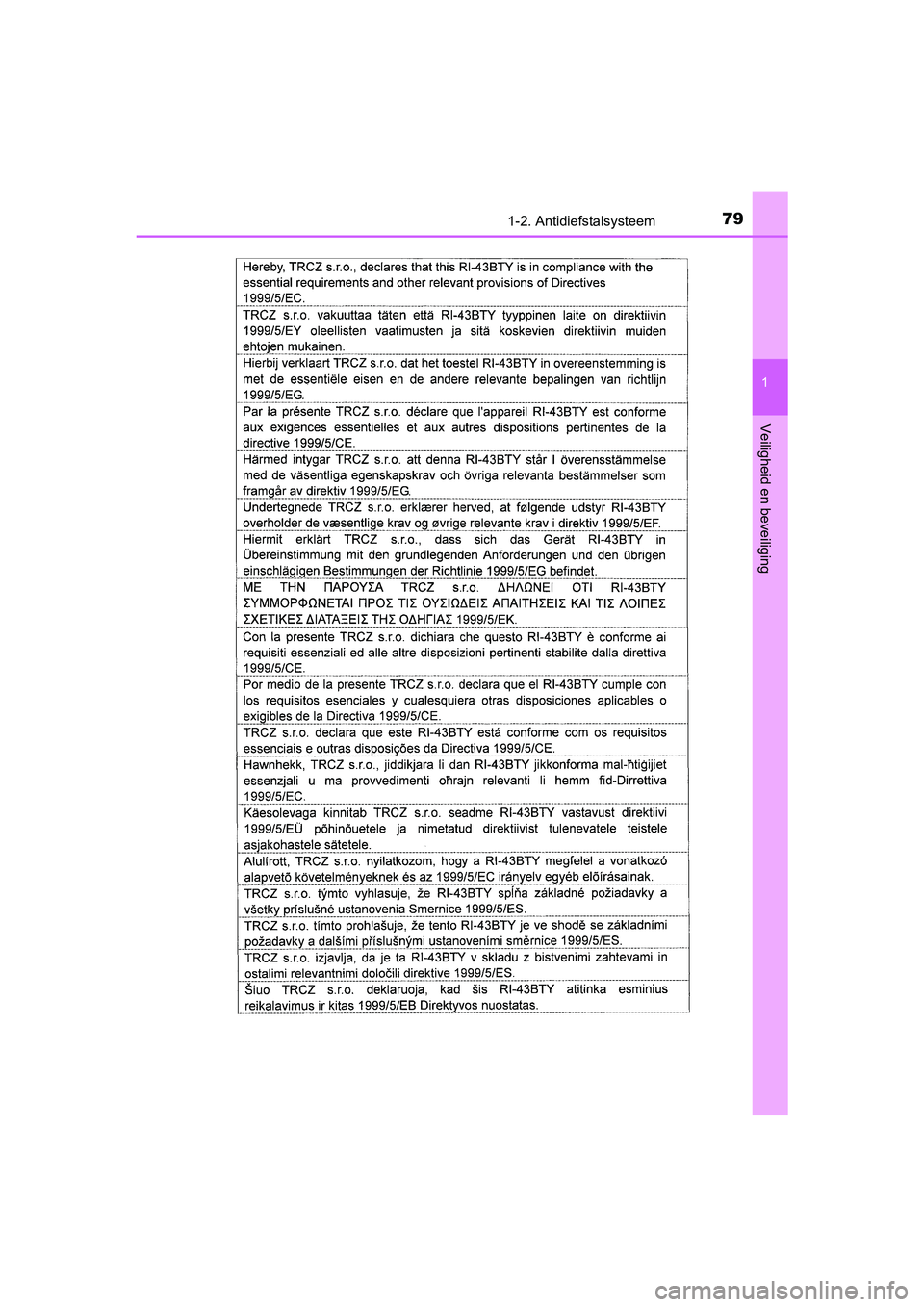 TOYOTA AURIS 2017 Instructieboekje (in Dutch) 791-2. Antidiefstalsysteem
1
Veiligheid en beveiliging
UK AURIS_HB_EE (OM12K97E)
UK AURIS_HB_OM_Europe_OM12K97E.book Page 79 Friday, October 7, 2016 4:48 PM TOYOTA AURIS 2017 Instructieboekje (in Dutch) 791-2. Antidiefstalsysteem
1
Veiligheid en beveiliging
UK AURIS_HB_EE (OM12K97E)
UK AURIS_HB_OM_Europe_OM12K97E.book Page 79 Friday, October 7, 2016 4:48 PM