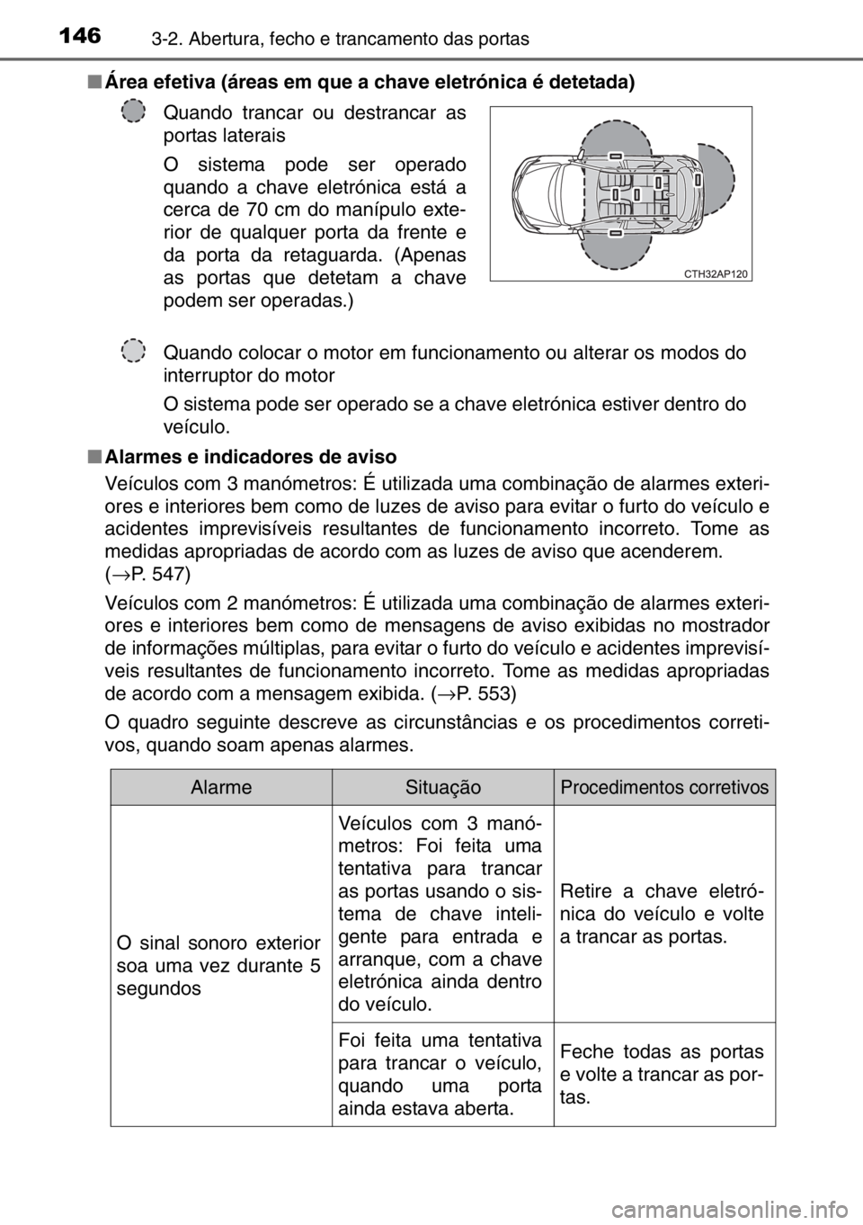 TOYOTA AURIS 2017 Manual de utilização (in Portuguese) 1463-2. Abertura, fecho e trancamento das portas
■Área efetiva (áreas em que a chave eletrónica é detetada)
■Alarmes e indicadores de aviso
Veículos com 3 manómetros: É utilizada uma combin TOYOTA AURIS 2017 Manual de utilização (in Portuguese) 1463-2. Abertura, fecho e trancamento das portas
■Área efetiva (áreas em que a chave eletrónica é detetada)
■Alarmes e indicadores de aviso
Veículos com 3 manómetros: É utilizada uma combin