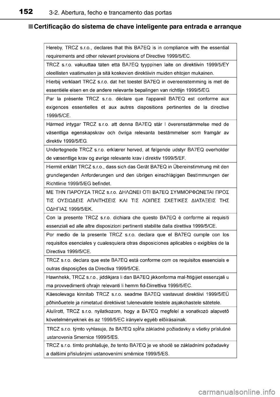 TOYOTA AURIS 2017 Manual de utilização (in Portuguese) 1523-2. Abertura, fecho e trancamento das portas
■Certificação do sistema de chave inteligente para entrada e arranque TOYOTA AURIS 2017 Manual de utilização (in Portuguese) 1523-2. Abertura, fecho e trancamento das portas
■Certificação do sistema de chave inteligente para entrada e arranque