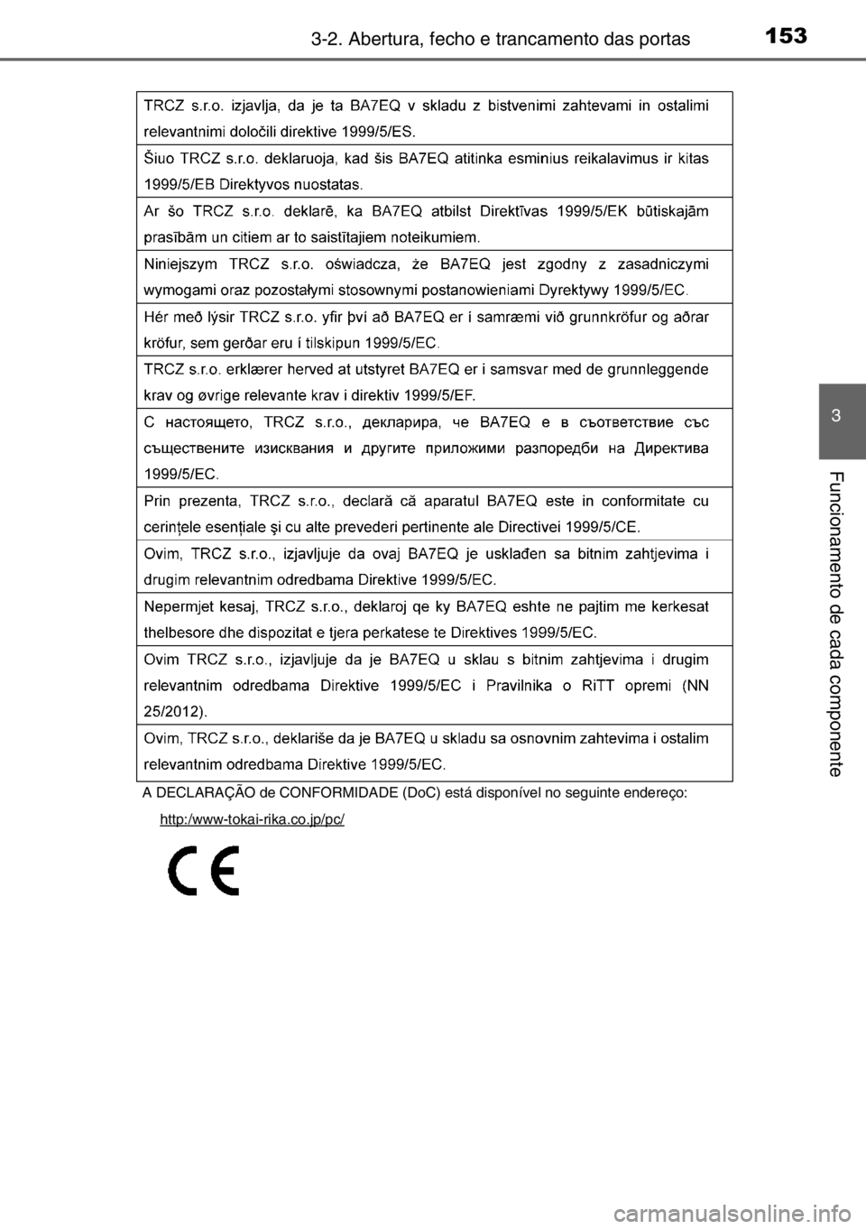 TOYOTA AURIS 2017 Manual de utilização (in Portuguese) 1533-2. Abertura, fecho e trancamento das portas
3
Funcionamento de cada componente
A DECLARAÇÃO de CONFORMIDADE (DoC) está disponível no seguinte endereço:
http:/www-tokai-rika.co.jp/pc/ TOYOTA AURIS 2017 Manual de utilização (in Portuguese) 1533-2. Abertura, fecho e trancamento das portas
3
Funcionamento de cada componente
A DECLARAÇÃO de CONFORMIDADE (DoC) está disponível no seguinte endereço:
http:/www-tokai-rika.co.jp/pc/