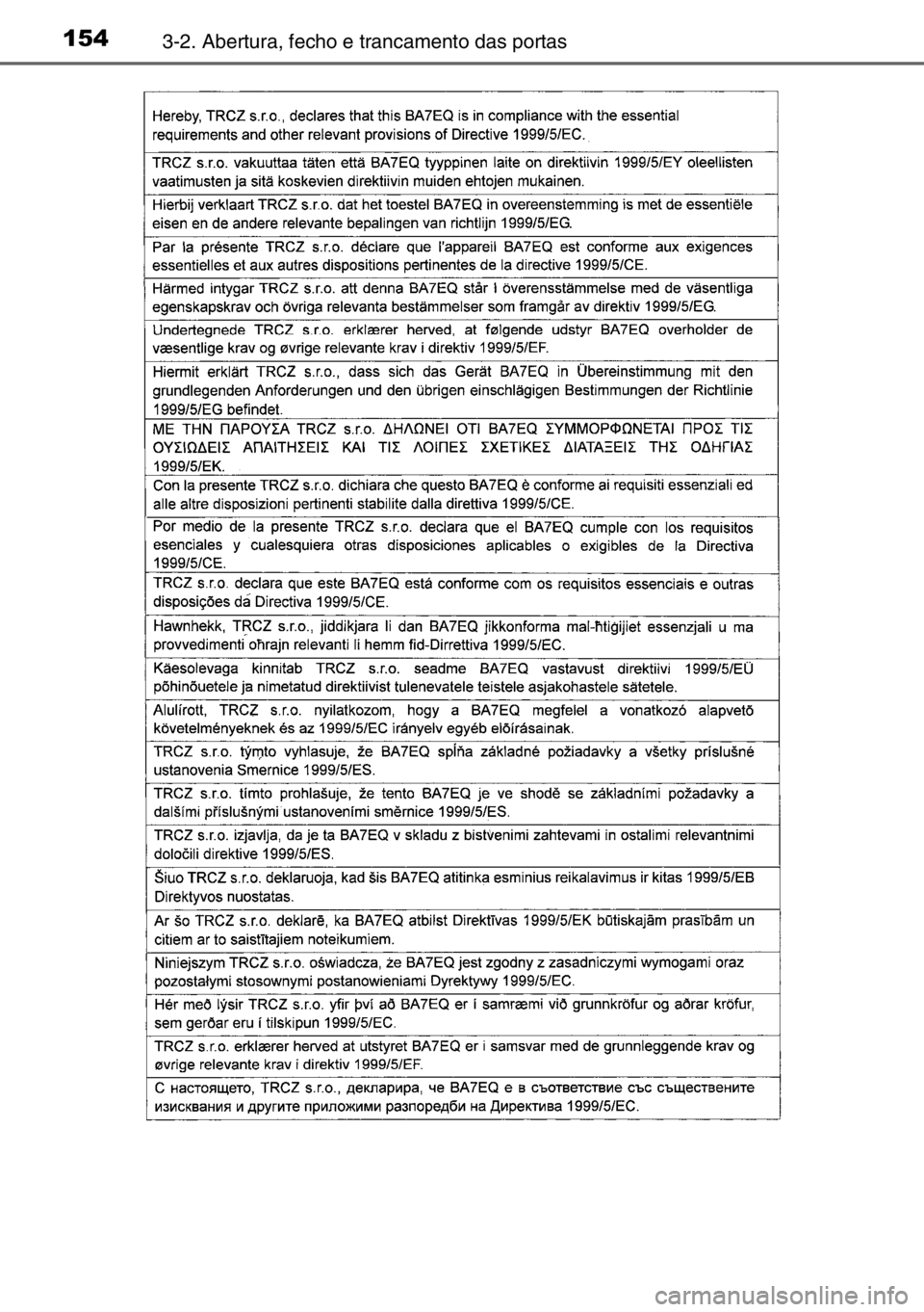 TOYOTA AURIS 2017 Manual de utilização (in Portuguese) 1543-2. Abertura, fecho e trancamento das portas TOYOTA AURIS 2017 Manual de utilização (in Portuguese) 1543-2. Abertura, fecho e trancamento das portas